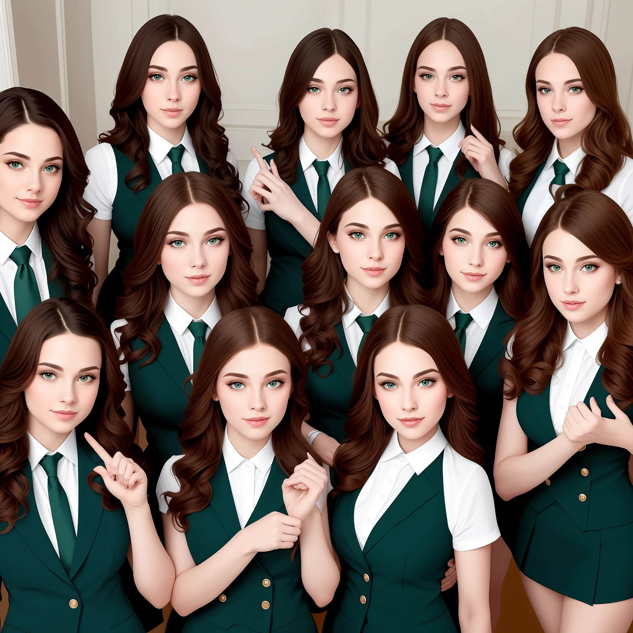 stunning identical sextuplets marching in lockstep close together, in a room, 25 years old, full body, identical bodies, pale skin, athletic body, identical height, wearing green skirt suits, wearing black high heels, same faces, same hairstyle, long wavy hair, same colour hair, light brown hair, five fingers on each hand, smiling, color, realistic, sharp focus on eyes, sharp focus on nose, 8 k, high definition, insanely detailed, elegant, ultra realistic, photorealism,