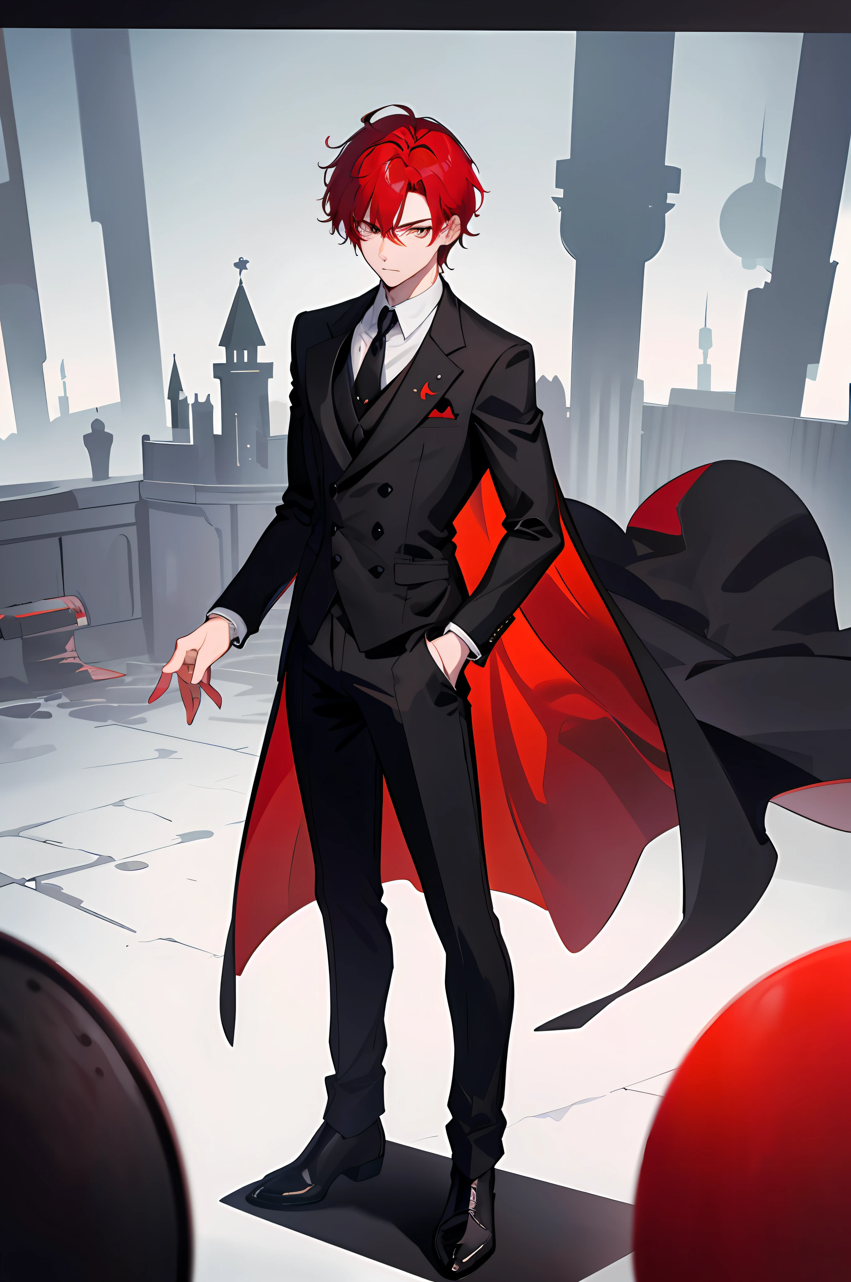 ((1 red-haired boy)), ((full body standing frontally)), (black suit), ((furry round bunny)), hands at sides, (hand details, eye details), castle