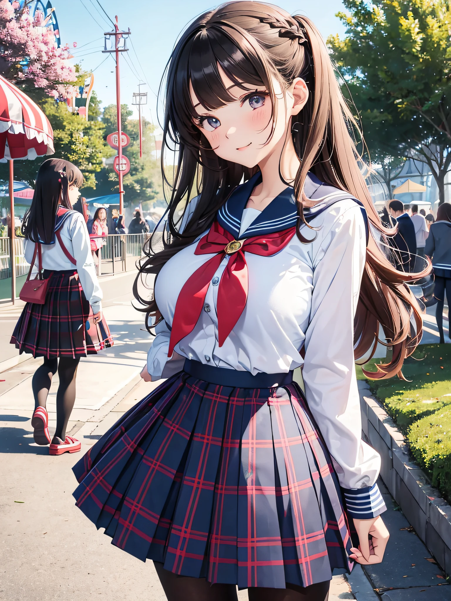 2 girls, bright colored sailor suits, sailor colors, plaid pleated skirts, long sleeves, school cardigan, petticoat, thin pantyhose, amusement park, cute hairstyle, (huge breasts: 1.5), looking at sailor colors up from the side, looking at sexual expressions