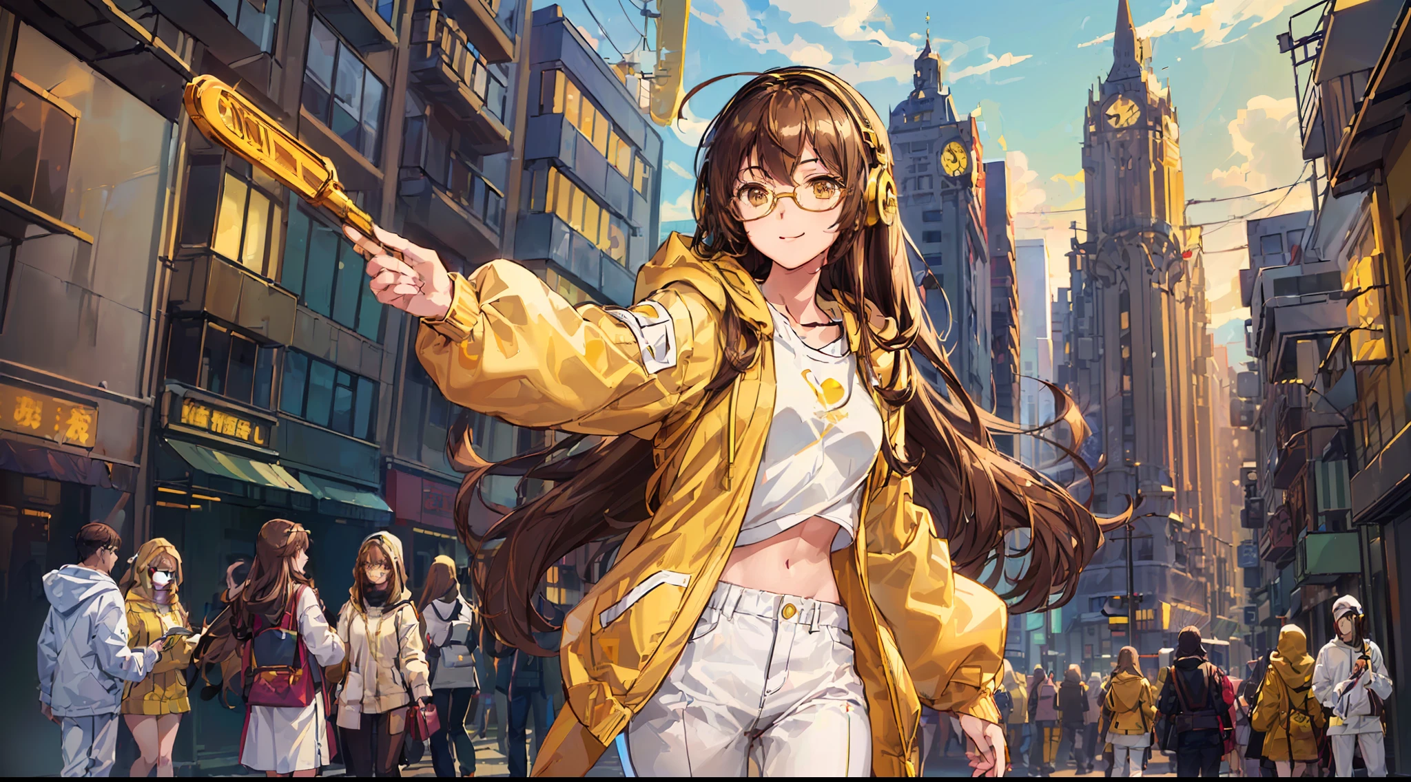 ((1girl, young anime woman, long brown hair, beautiful golden eyes, bright eyes, glasses, marauding smile, headphones, medium breasts, thin waist, normal clothing(white and yellow hooded jacket, white pants, golden yellow sneakers)))), (character design sheet, same character, same outfit, front, side, back), illustration, (single background, white background: 1.3)