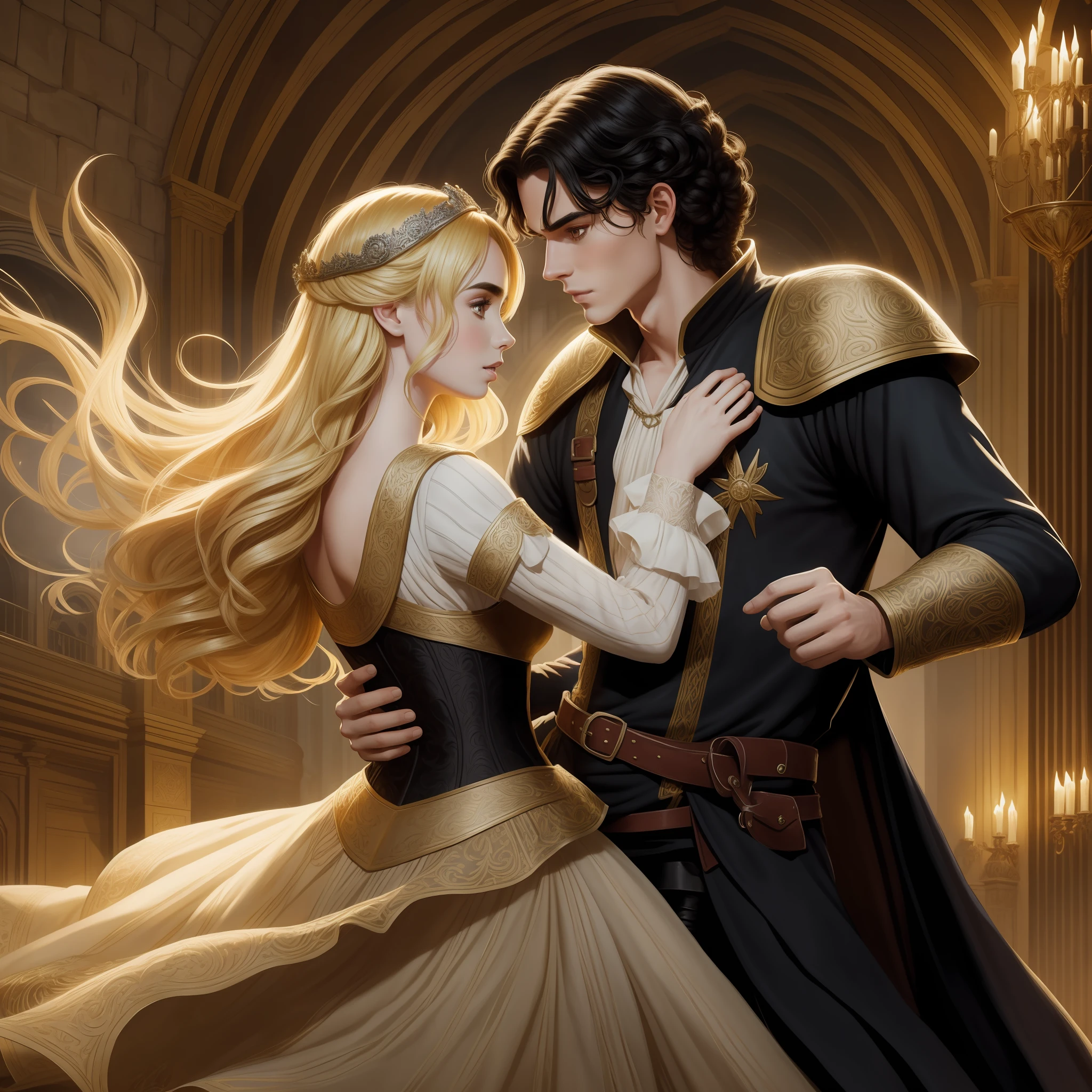 Lily Collins, who has curly black hair, wears a medieval dress. the Neels Visser wears a medieval military outfit and has blonde hair. The couple is waltzing in the ballroom. The illustration is like a book cover with a detailed, bright, illuminated, ultra detailed, elegant, Greg Rutkowski artwork background