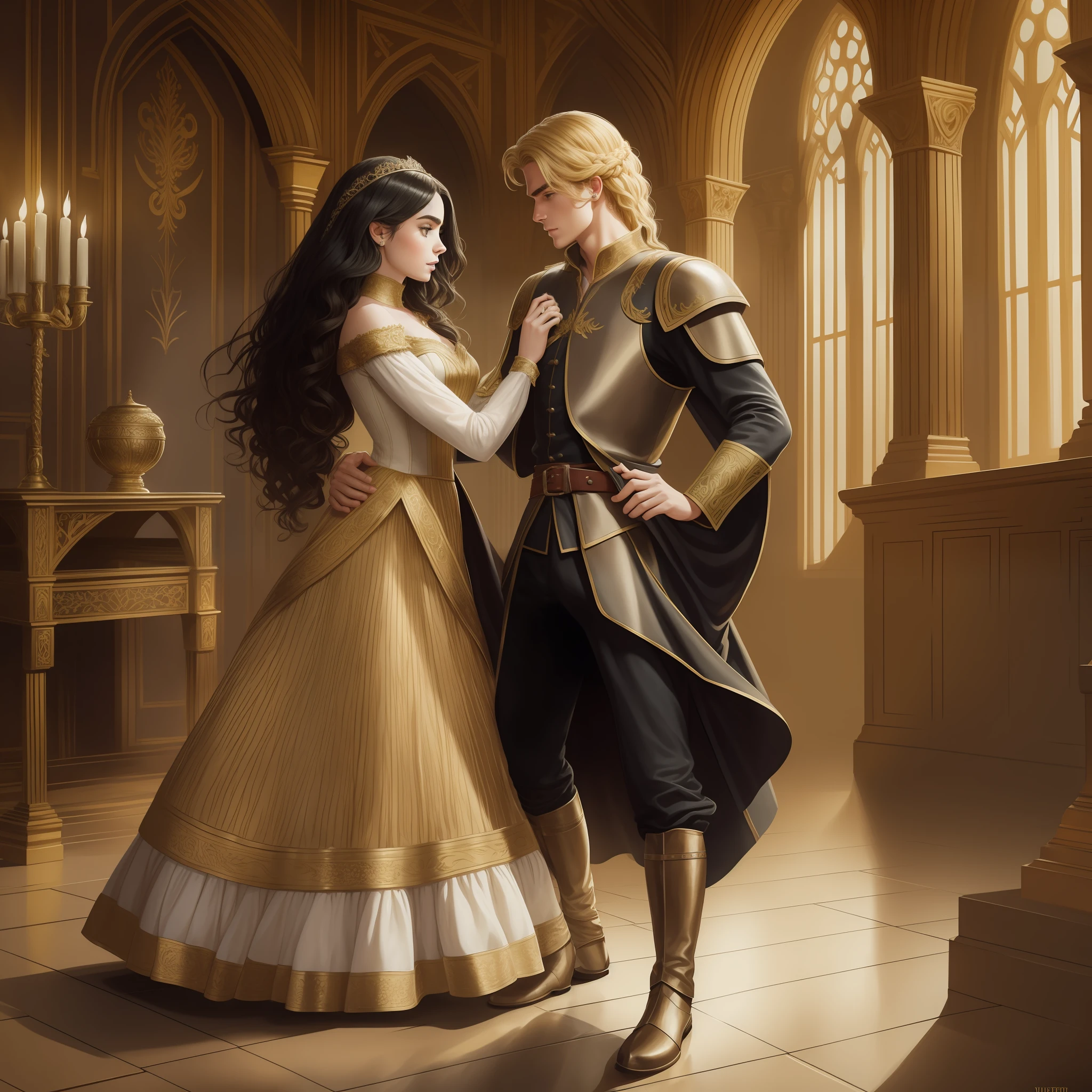 Lily Collins, who has curly black hair, wears a medieval dress. the Neels Visser wears a medieval military outfit and has blonde hair. The couple is waltzing in the ballroom. The illustration is like a book cover with a detailed, bright, illuminated, ultra detailed, elegant, Greg Rutkowski artwork background