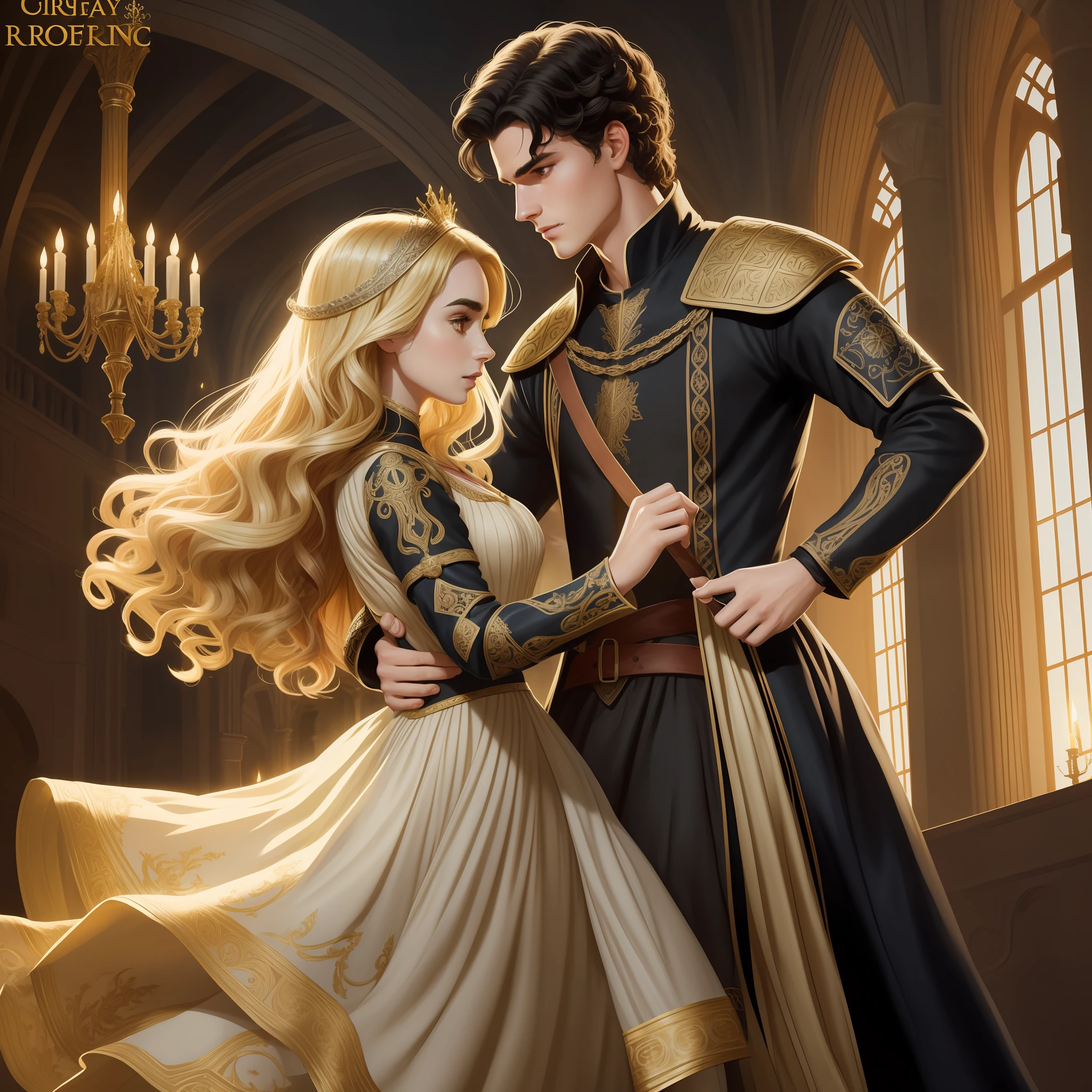 Lily Collins, who has curly black hair, wears a medieval dress. the Neels Visser wears a medieval military outfit and has blonde hair. The couple is waltzing in the ballroom. The illustration is like a book cover with a detailed, bright, illuminated, ultra detailed, elegant, Greg Rutkowski artwork background