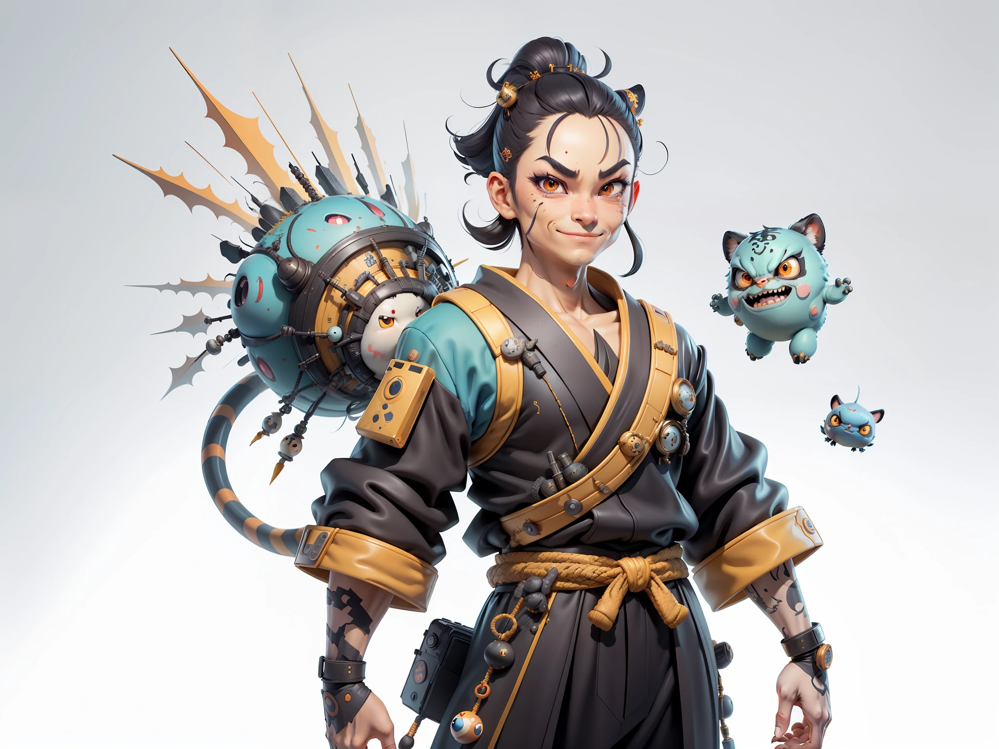 (Masterpiece), (Extreme Quality), (Super Meticulous), (Full Body: 1.2), Super Young Woman, Japanese Female Geisha, Beauty, Chinese Dragon, Tiger, Fengshen Thor, Sexy, Bursting, Oriental Face, TV Anchor, Bust Portrait Illustration, Alone, Black Suit, Blue Tie, Slightly Chubby, Very Clean Face, No Beard, Black Super Short Hair, Black Eyes, Confident Smile, 3c Computer Sub-Products, iPad, iPhone, Digital Painting, 3D character design by Mark Clairedon and Pixar and Hayao Miyazaki and Akira Toriyama, the illustrations are HD illustrations in 4K resolution with highly detailed facial features and cartoon-style visuals.