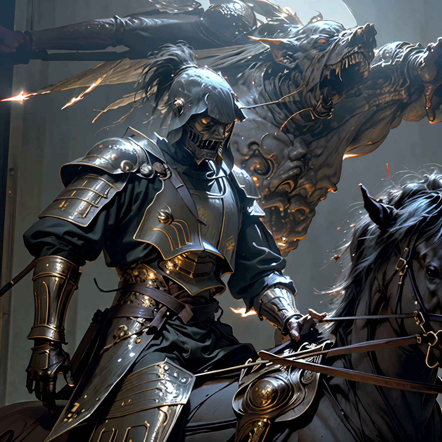 (Fire Arrow Rain) (crusader warrior mounted on zombie horse) heavy armor, (holding long sword of fire), dark sky with clouds with lightning, erupting volcano, planets in the sky, golden and red armor, zombie horse with red eyes, supernatural world, (masterpiece, top quality, best quality, 8k, high resolution)