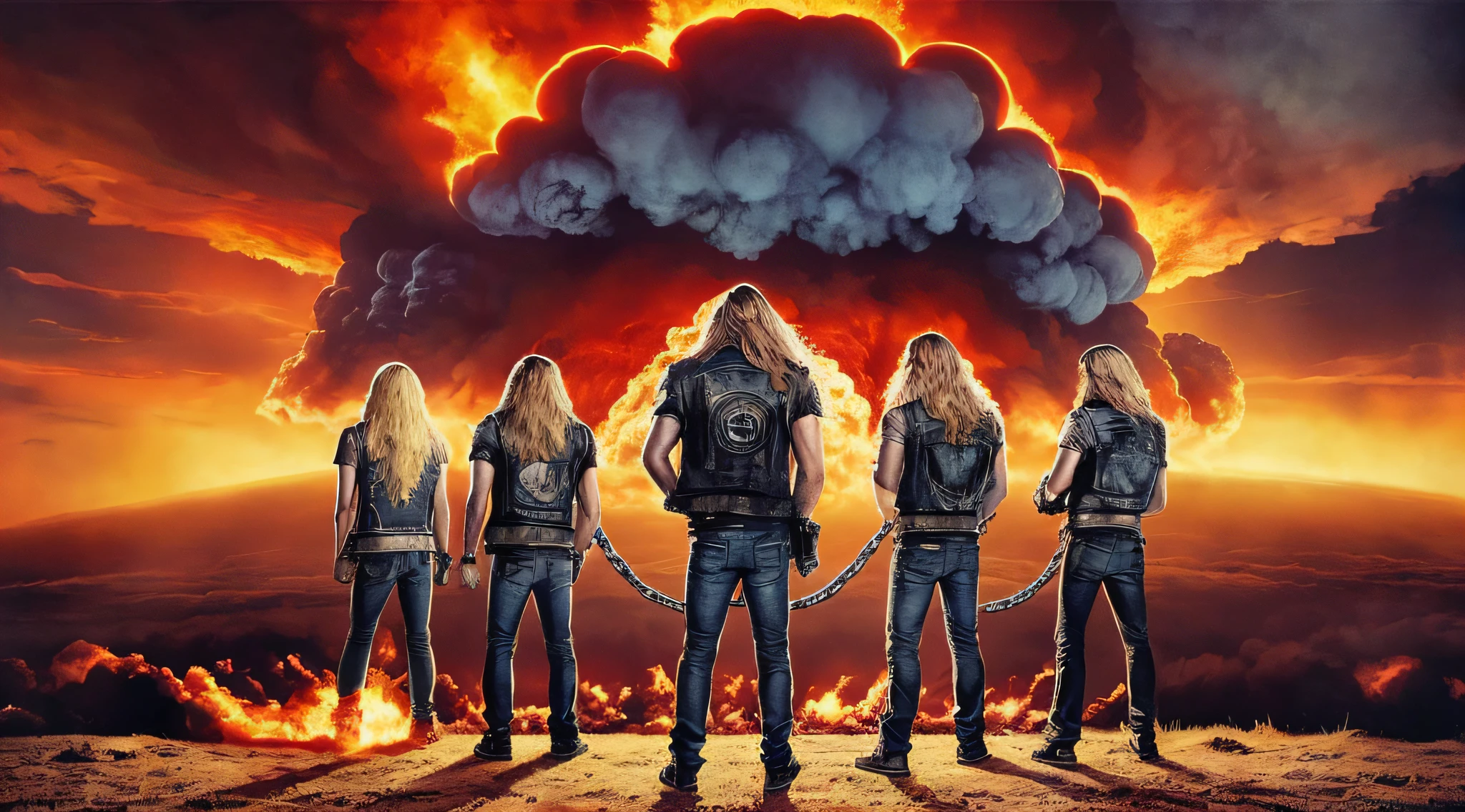 3 boys in SLEEVELESS DENIM JACKET clothes and jeans with bullet belt standing in front of a big explosion, closeup, portrait style, hellish, LIGHTNING, Heavy metal promo band, Thrash metal, Heavy Rock promo band photo, Arch Enemy, Burning in Hell, New Wave of British Heavy Metal, Long Blonde Flaming Hair,  Heavy Metal The Movie, Destruction, Slayer, 2 0 0 6 Advertising Promo Shot, Proto - Metal Band Promo, Megadeth, death metal, Nuclear explosion over a city with a large mushroom cloud, nuclear bomb explosion, nuclear bomb explosion, nuclear explosion, nuclear mushroom cloud, nuclear attack, nuclear apocalypse, mushroom cloud on the horizon, huge nuclear mushroom cloud,  nuclear explosion background, nuclear cloud, nuclear bomb, nuclear explosion on the horizon, nuclear explosions paint the sky, nuclear war, mushroom cloud on the background RED WITH IRON CHAINS.