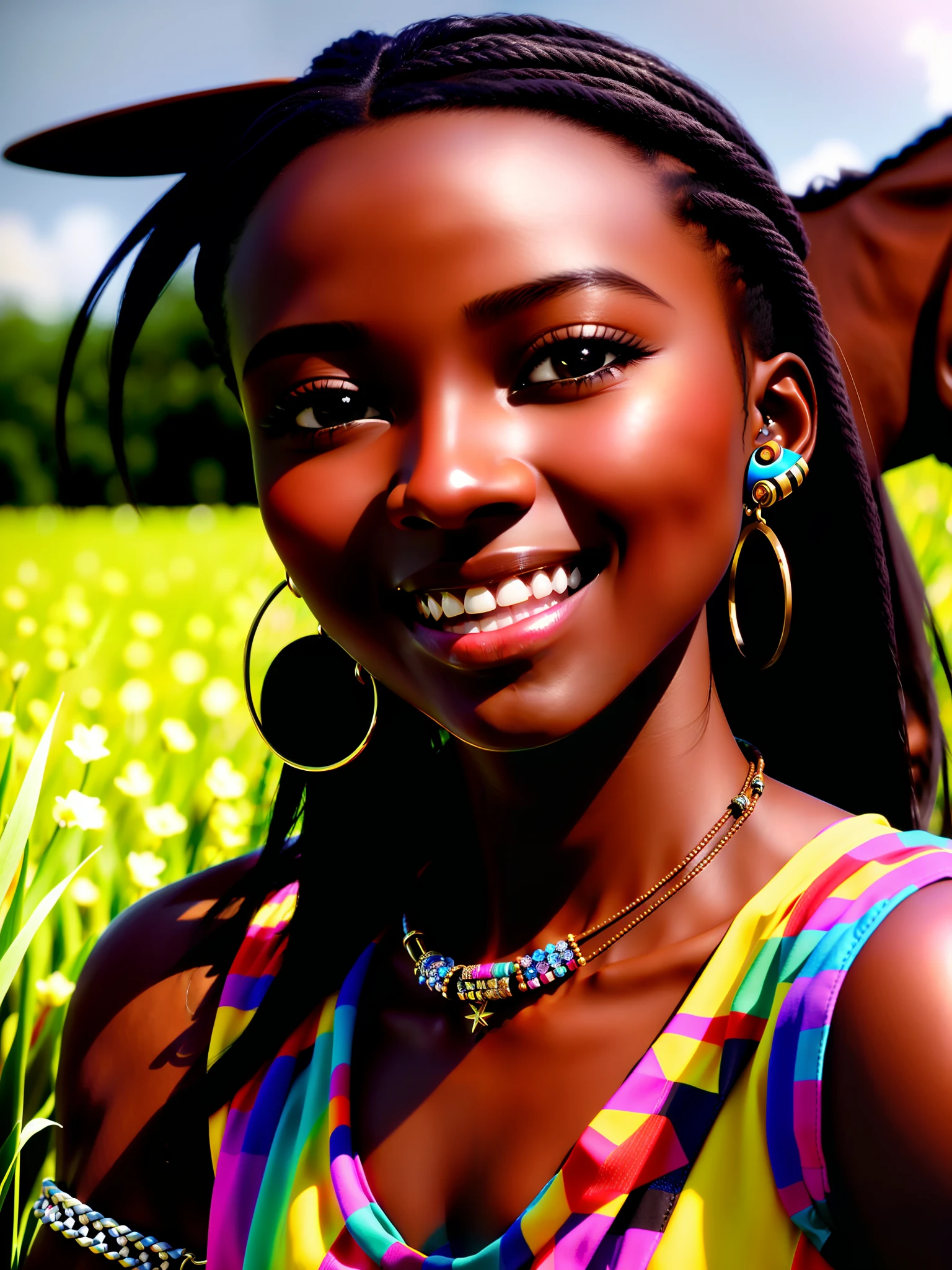 realistic portrait of 1 year old girl ((dark skin color)) cute, african american, chibi, cute smile, ((on a horse in the field)), wearing colorful t-shirt and jeans, current fashion, long hair tied up , ((bracelet, earrings)), background dark lighting, close-up, product view, detailed facial details, perfect face, sharpness, trend art, sharp facial details⁹, cgsociety, ultra-quality digital art, exquisite hyper details, 4k, 8k soft lighting, --iso 100 dreamy, fashion --ar 2:3