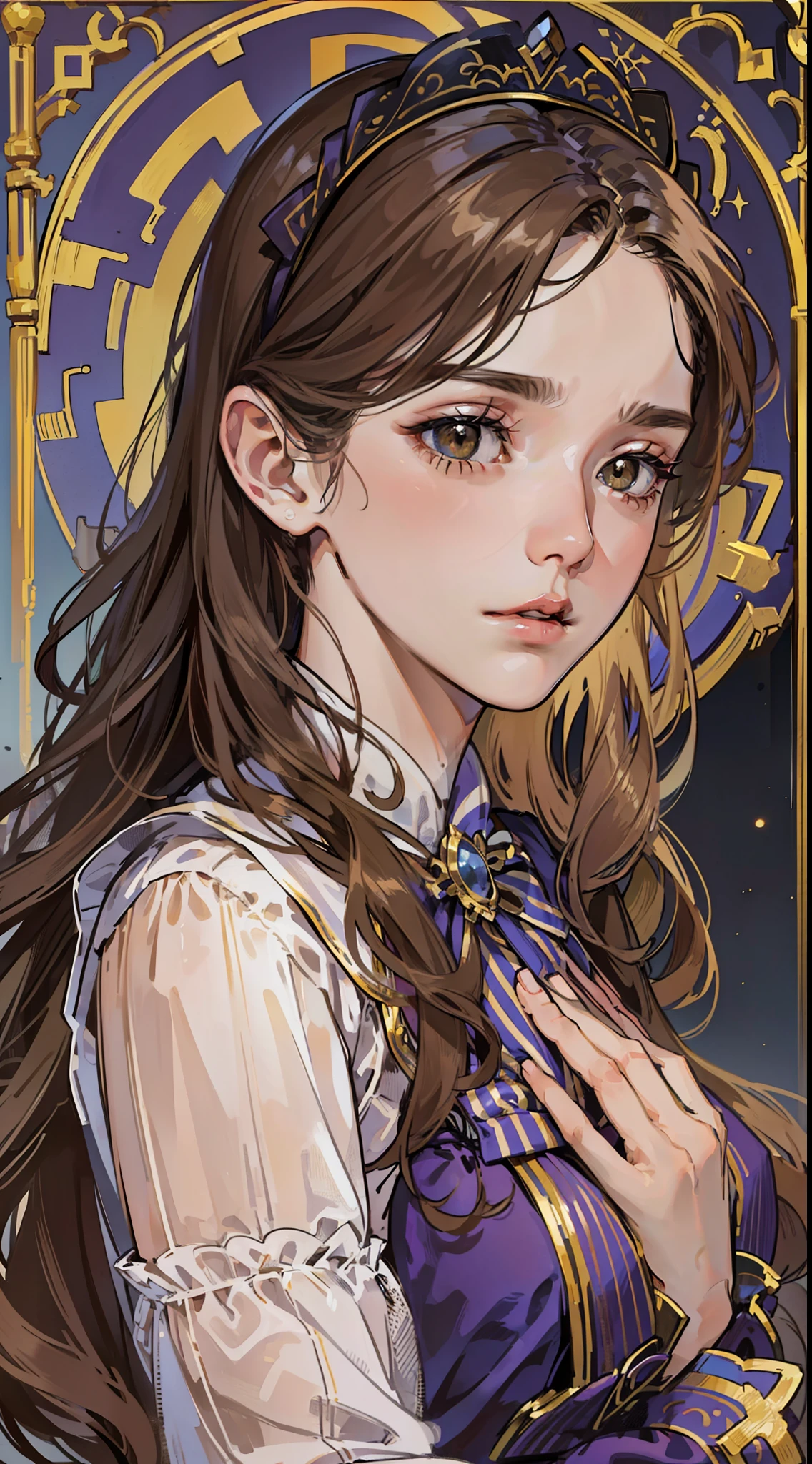 (8k, RAW photo, best quality, masterpiece: 1.2), (realistic, photorealistic: 1.37), (1GIRL) long wavy brown hair DARK, (((middle stripe))) (((NO SKIN))) (((/dull brown eyes/))), calm expression, closed mouth, malancholic look, (antique, covered and simple maid's clothes), (((NOT NSFW))) church background, (((night))) moonlight, fantastic atmosphere, beautiful lights, perfect and detailed face, beautiful and melancholy face, young woman of 20 years, (((FULL BODY)))