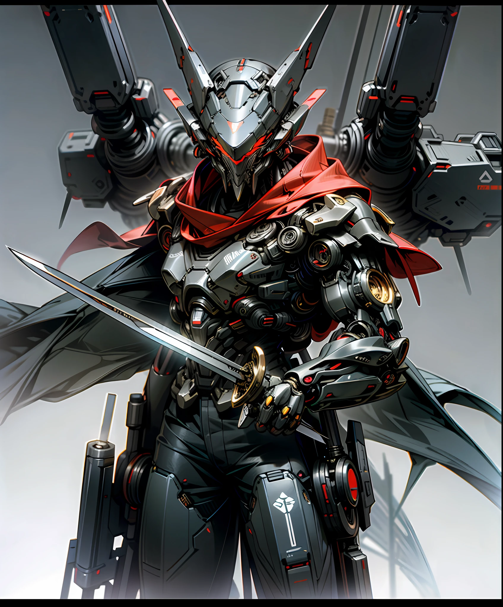 Raw foto,Dark_Fantasy, Cyberpunk, (Big Revolver, Sword Man, Red: 1.1), 1man, Mechanical Wonder, Robotic Presence, Cybernetic Guardian,