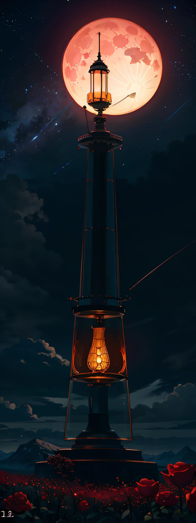 expansive landscape photography, (a view from below showing the sky above and the open field below), a tower of black surrounded by field covered by red roses, (full moon: 1.2), (shooting stars: 0.9), (nebula: 1.3), distant mountain, tree BREAK production art, (hot light source: 1.2), (Firefly: 1.2), lamp, very purple and orange, complex details, volumetric lighting BREAK (masterpiece: 1.2), (best quality), 4k, ultra-detailed, (dynamic composition: 1.4), highly detailed color details (iridescent colors: 1.2), (bright lighting, atmospheric lighting), dreamy, magical, (solo: 1.2)