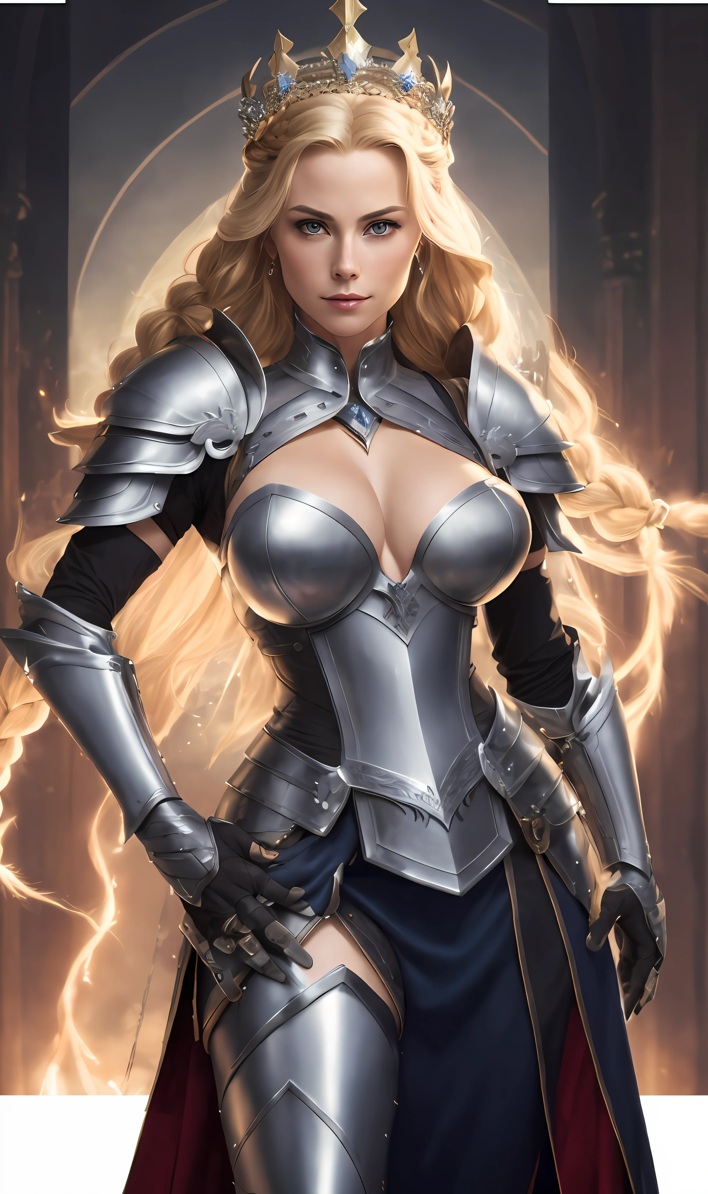 (extremely detailed 8k wallpaper), a portrait of a Blonde noble lady, the lord of the castle's wife, with a crown on her head, wearing a silver armor, dramatic lighting and shadows, 8k resolution, intricate, high detail, dramatic, deep cleavage exposed 1/2 boob, knight, solo female, hands resting on sword, full body, stern look, large braid, gauntlets, gloves, shoulder armor, black gloves, serious face, huge tits, massive cleavage, round breasts, flowing hair