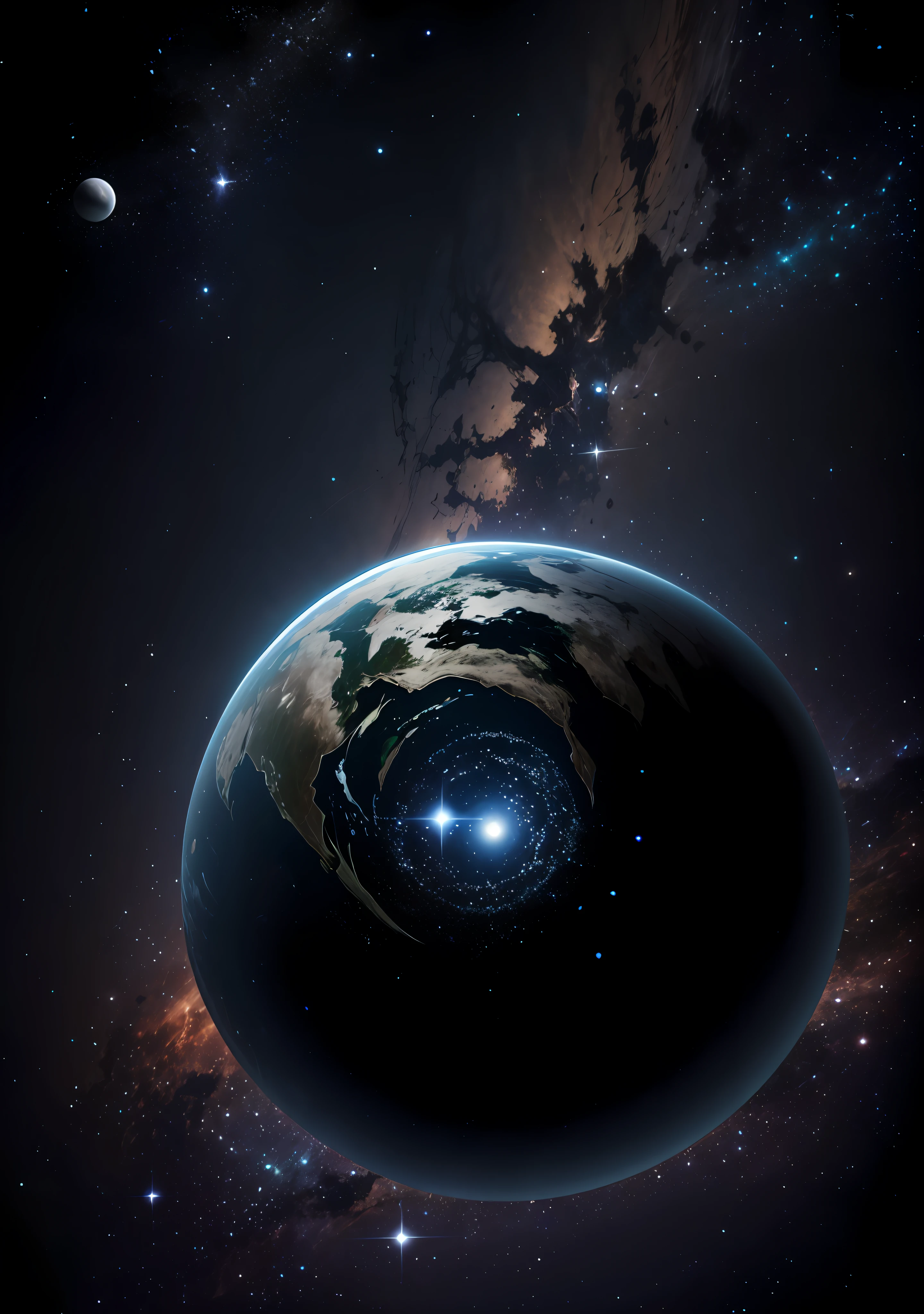 Photo of space with planet earth in background and all black only with darker stars on earth