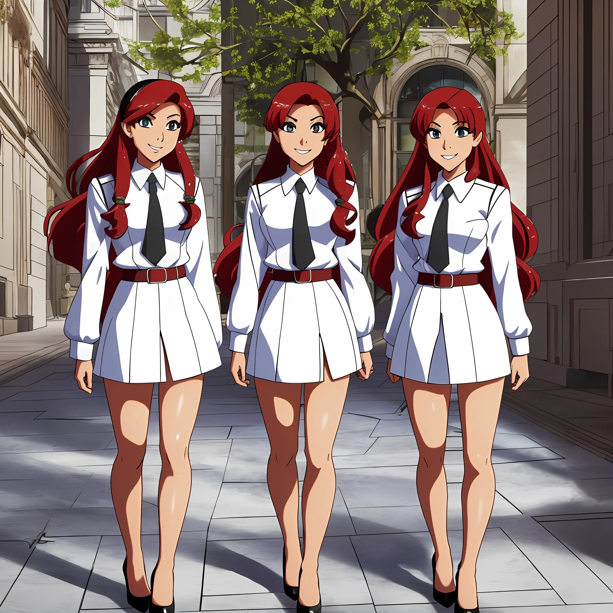 perfect anime illustration, multiple girls, thousands of girls, millions of girls, clones, identical sisters, red hair, curly hair, long hair, matching hairstyle, hazel eyes, smiling, white skin, business attire, green skirt suit, pencil skirt, black high heels, matching outfits, uniforms, businesswomen, highres, office, full body, bare legs, neat rows of sisters, neat columns of sisters, sisters standing in formation, sisters in background