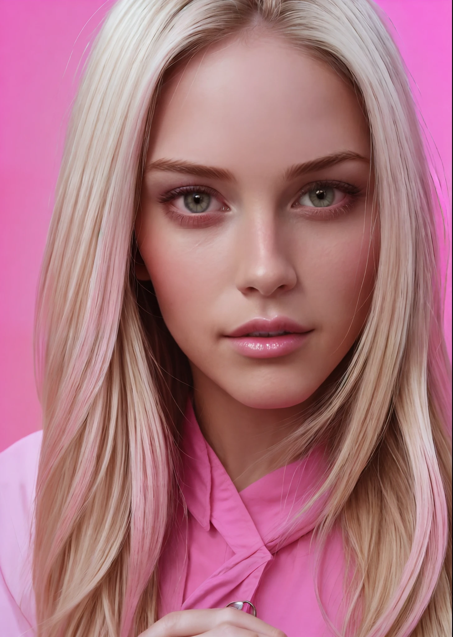 ((taken with iPhone camera))+(selfie)+(medium shot)+(a beautiful young woman)+(pink+blonde+ombre:1.3)+(grain film)+(medium quality)