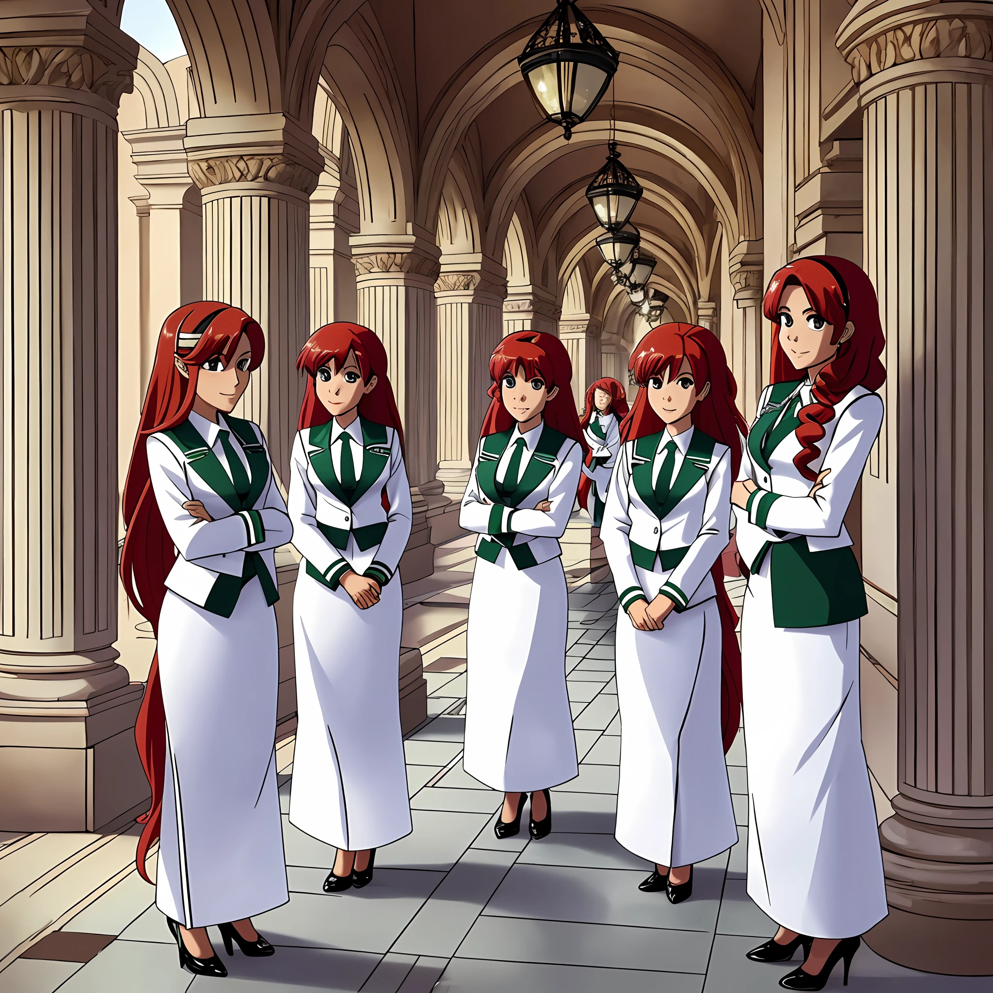 perfect anime illustration, multiple girls, thousands of girls, millions of girls, clones, identical sisters, red hair, curly hair, long hair, matching hairstyle, hazel eyes, smiling, white skin, business attire, green skirt suit, pencil skirt, black high heels, matching outfits, uniforms, businesswomen, highres, office, full body, bare legs, neat rows of sisters, neat columns of sisters, sisters standing in formation, sisters in background