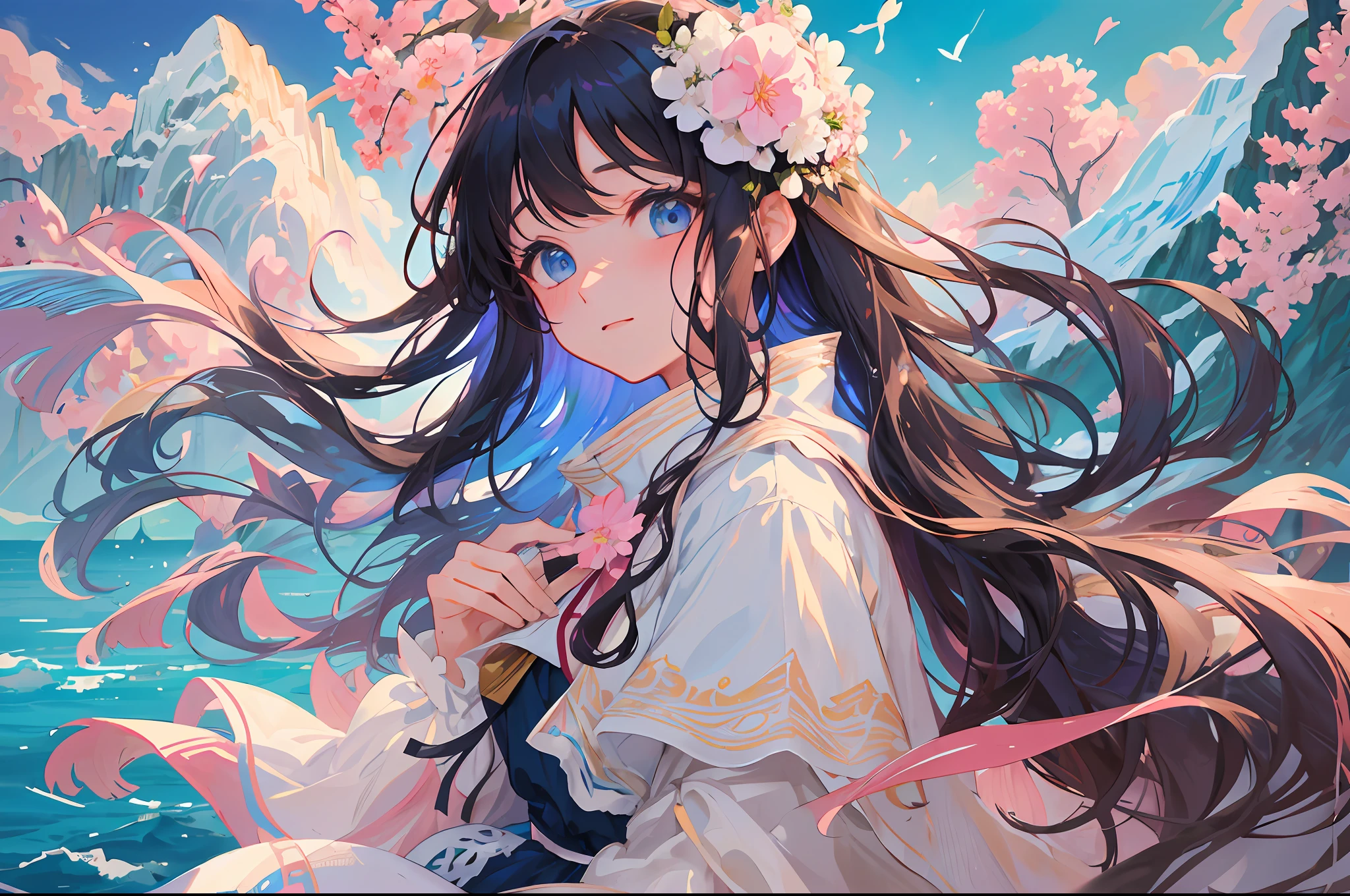 (1girl:1.2), slight blush, hands down, wavy hair, long hair, fluffy hair, black hair, ice blue eyes, sakura tree, hair flower, capelet, lace trim, bodice, wind, winter, mountain range, mountain sitting near mountain, detailed water, sparkling eyes, light smile, peaceful, extremely detailed, depth of field, cinematic lighting, Ghibli-like colours, high detail, scenery, high place, horizon, wind, wind blow, looking at viewer, lolita clothes, 8k, standing on wooden bridge, bokeh, from side, award winning, (masterpiece:1.2), best quality, anatomically correct, perfect hands