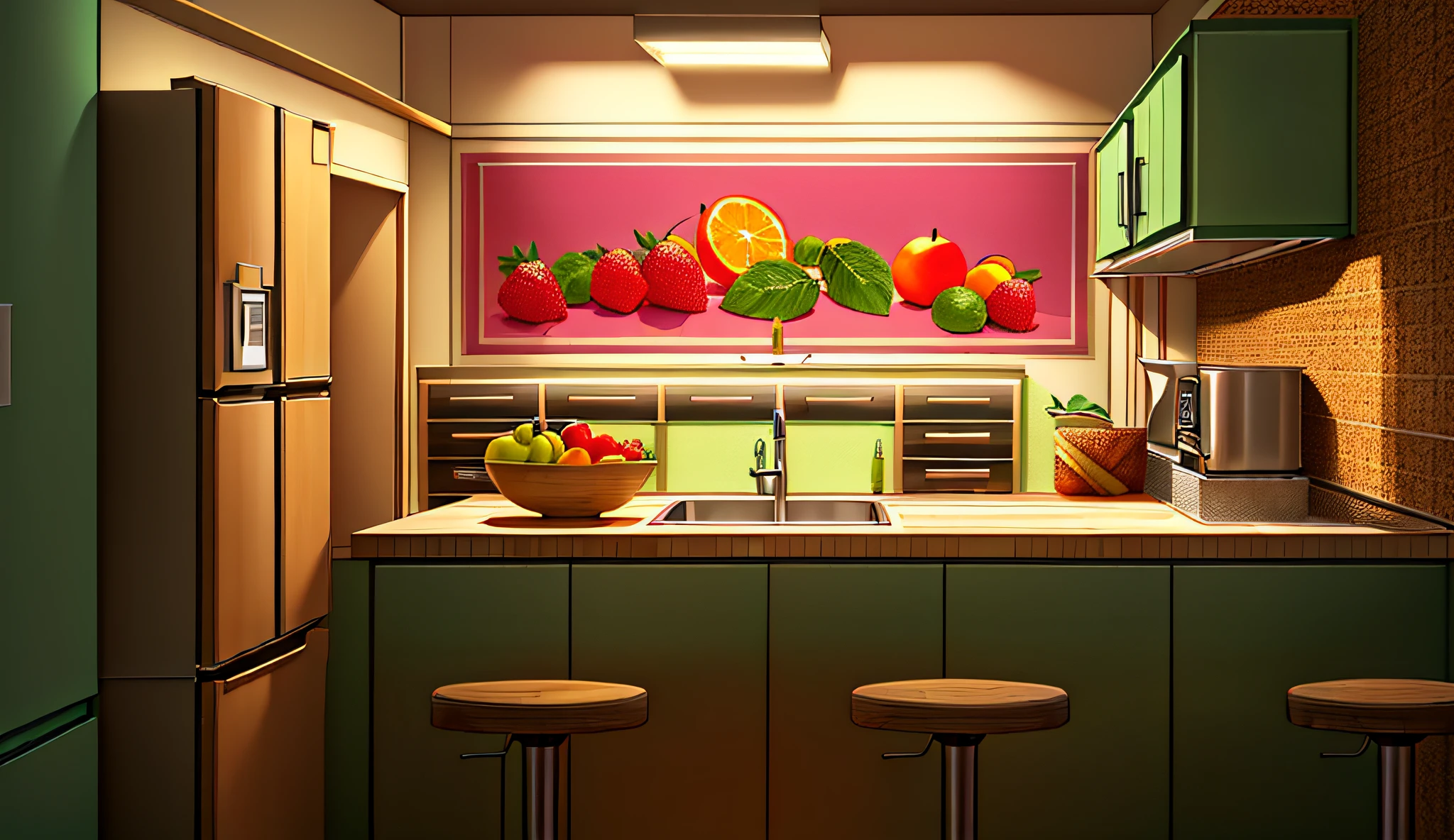 there is a bowl of fruit on a counter in a kitchen, background art, interior background art, kitchen background, random background scene, cel - shaded art style, kitchen, kitchen counter, background artwork, cel shaded:15, interior background, cel-shaded:17, anime background art, digitally colored, personal room background, in the kitchen