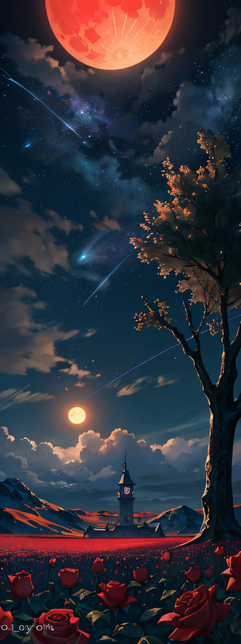 expansive landscape photography, (a view from below showing the sky above and the open field below), a tower of black surrounded by field covered by red roses, (full moon: 1.2), (shooting stars: 0.9), (nebula: 1.3), distant mountain, tree BREAK production art, (hot light source: 1.2), (Firefly: 1.2), lamp, very purple and orange, complex details, volumetric lighting BREAK (masterpiece: 1.2), (best quality), 4k, ultra-detailed, (dynamic composition: 1.4), highly detailed color details (iridescent colors: 1.2), (bright lighting, atmospheric lighting), dreamy, magical, (solo: 1.2)