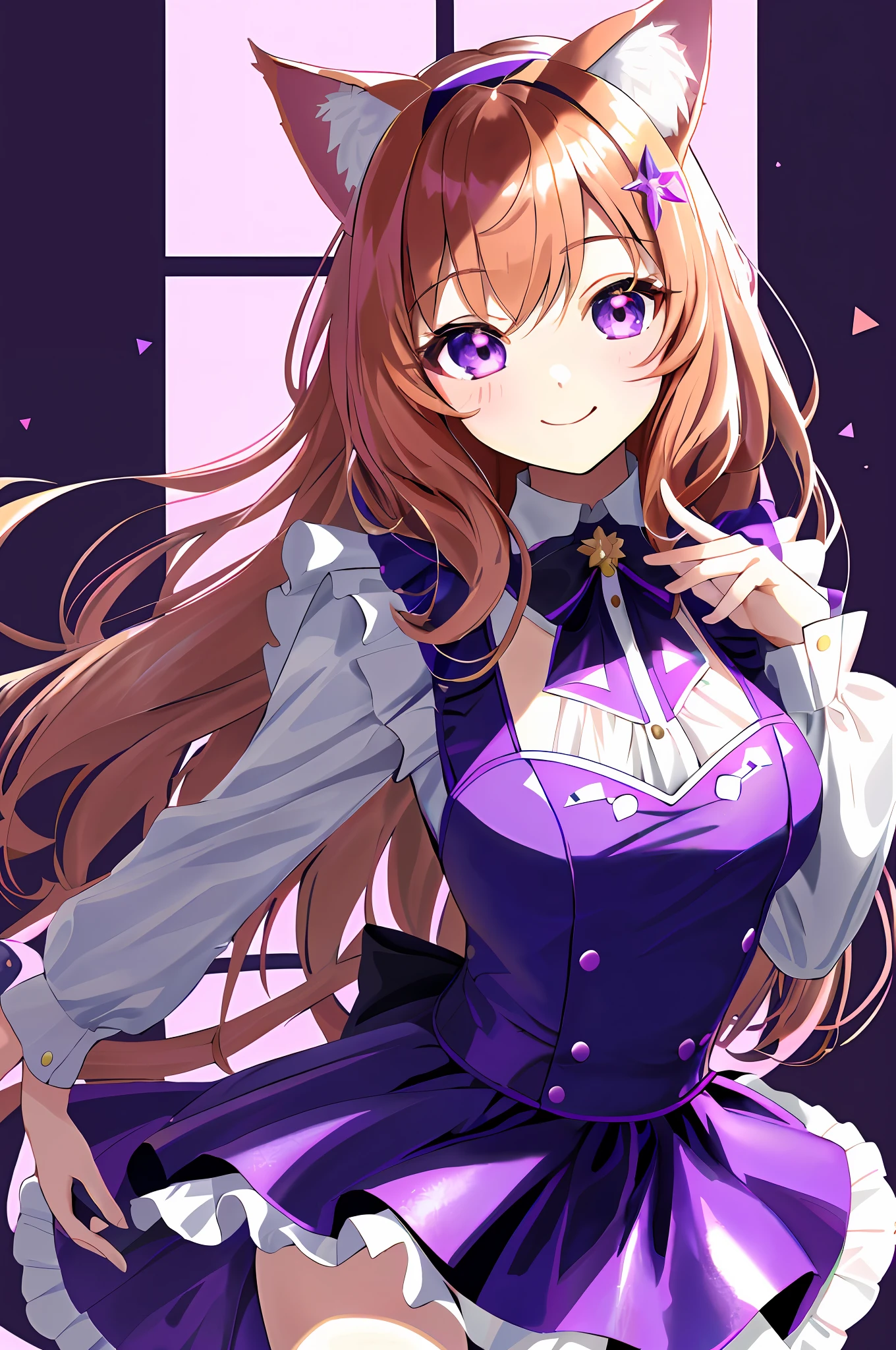 (Chibi Chibi: 1.3), Solo, full body, wearing shiny purple maid clothes, highly detailed face, (smile: 1.2), lively, (gravure pose: 1.4), beautiful detailed eyes, looking up, (eye meet), light brown long hair, cat ears, near future, masterpiece, top quality, highly detailed 8k wallpaper