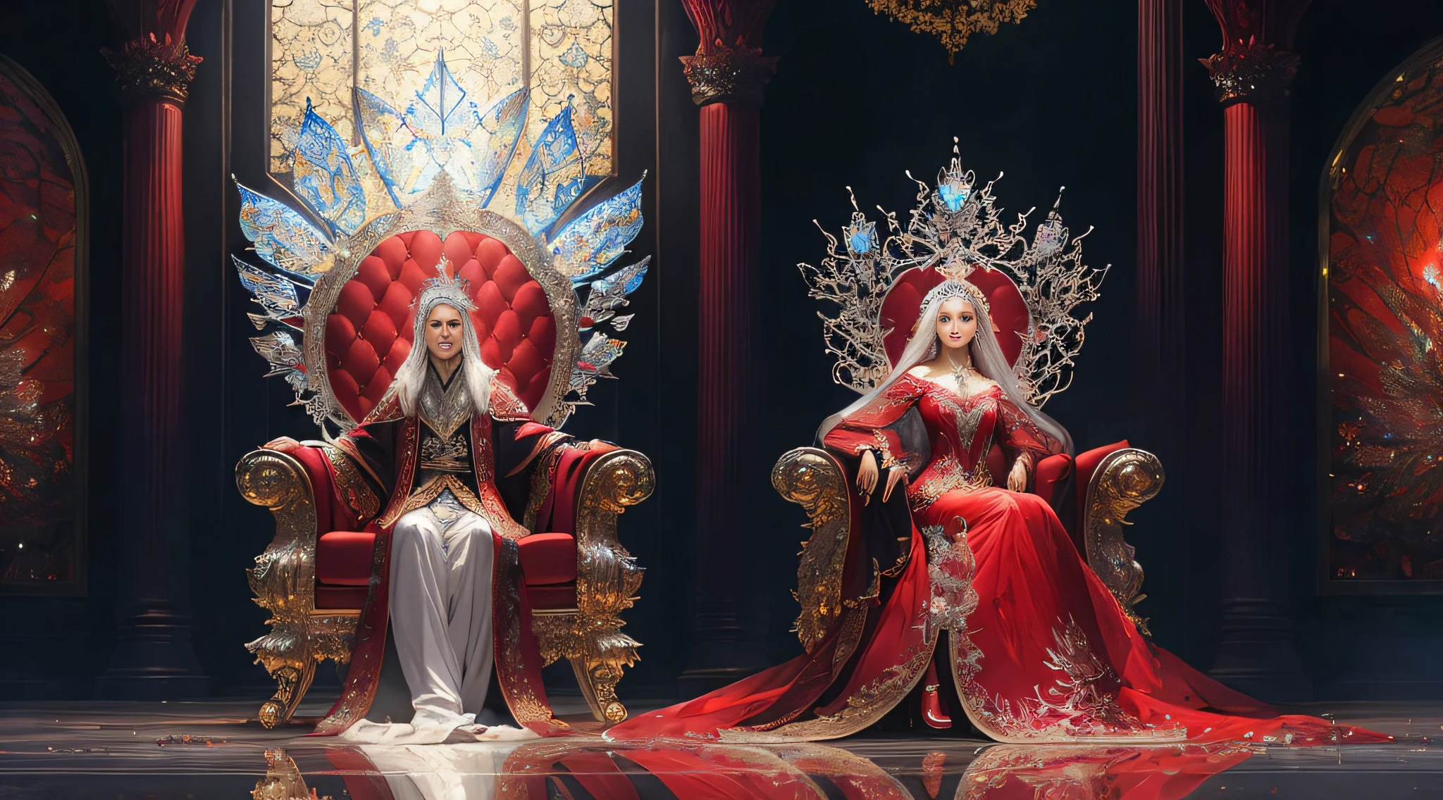 a Full body photo of a handsome king with silver hair sitting a red throne, 8k intricate, elegant, highly detailed, majestic, digital photography, art by Artgerm and Ruan Jia and Greg Rutkowski Surreal painting of filigree red butterfly, broken glass (masterpiece, side lighting, beautiful finely detailed eyes: 1.2 ), hdr