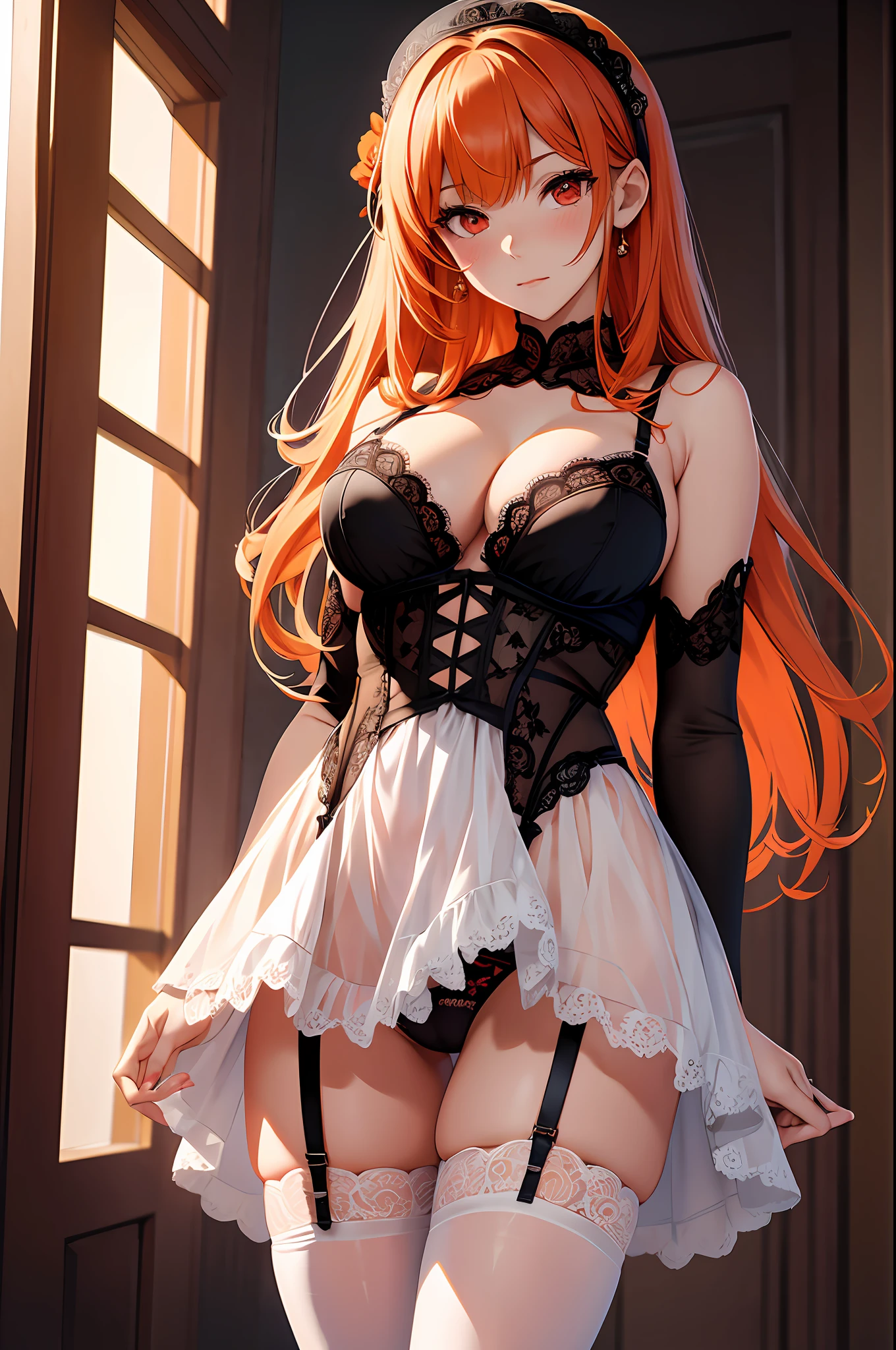 Masterpiece, best quality, ultra-detailed, illustration, anime image of an attractive woman dressed in lingerie and stockings, 1 girl,, solo, white thighs, underwear, watching viewers, long hair, thighs, panties, dress, big breasts, thighs, severed sleeves, white dress, cleavage, bangs, suspenders, dress lifting, blush, black panties, bare shoulders, lace trim, red eyes, clothes lift, closed mouth, orange hair, Cameltoe, garters