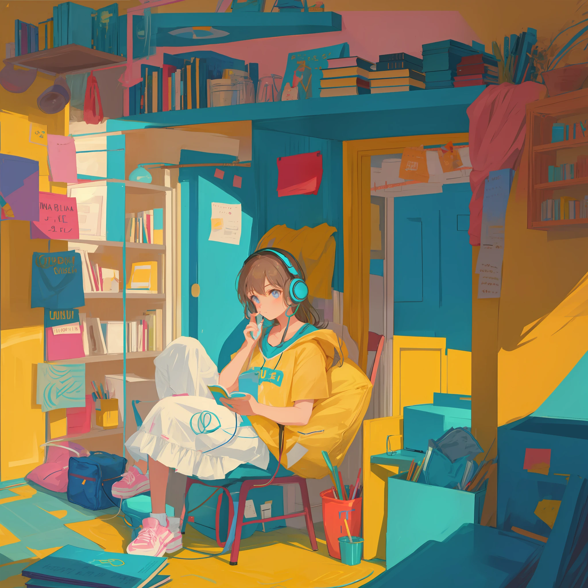 Cute girl studying in her room and with several books wearing headphones