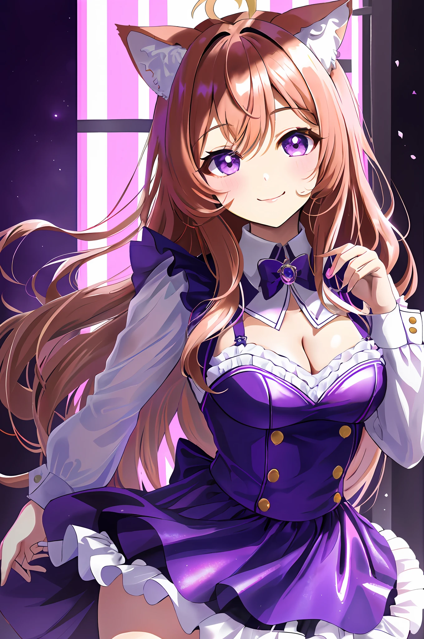 (Chibi Chibi: 1.3), Solo, full body, wearing shiny purple maid clothes, highly detailed face, (smile: 1.2), lively, (gravure pose: 1.4), beautiful detailed eyes, looking up, (eye meet), light brown long hair, cat ears, near future, masterpiece, top quality, highly detailed 8k wallpaper