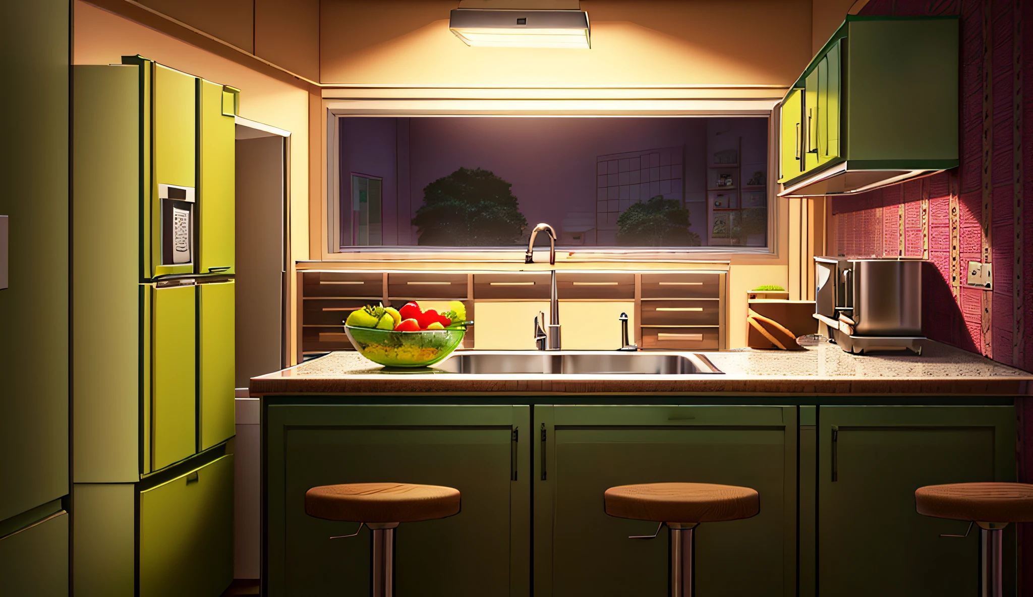 there is a bowl of fruit on a counter in a kitchen, background art, interior background art, kitchen background, random background scene, cel - shaded art style, kitchen, kitchen counter, background artwork, cel shaded:15, interior background, cel-shaded:17, anime background art, digitally colored, personal room background, in the kitchen
