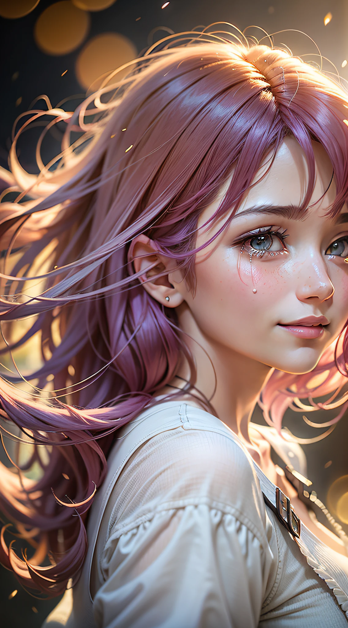 gradient hair, streaming tears, light smile, big-breasted, chiaroscuro, god rays, Fujicolor, lens flare, bokeh, retina, ccurate