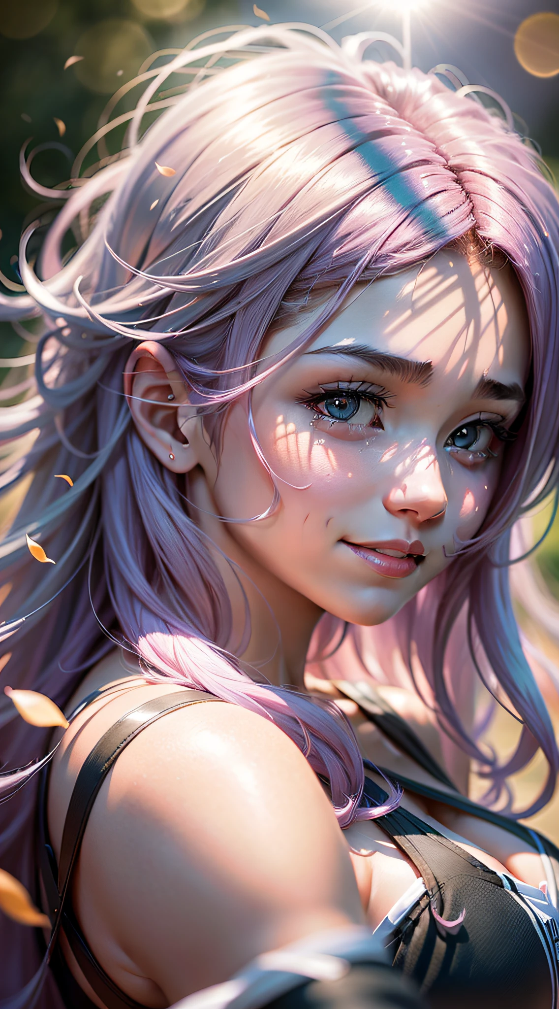 gradient hair, streaming tears, light smile, big-breasted, chiaroscuro, god rays, Fujicolor, lens flare, bokeh, retina, ccurate