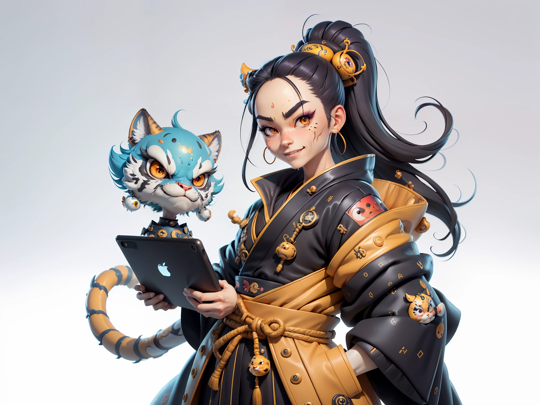 (Masterpiece), (Extreme Quality), (Super Meticulous), (Full Body: 1.2), Super Young Woman, Japanese Female Geisha, Beauty, Chinese Dragon, Tiger, Fengshen Thor, Sexy, Bursting, Oriental Face, TV Anchor, Bust Portrait Illustration, Alone, Black Suit, Blue Tie, Slightly Chubby, Very Clean Face, No Beard, Black Super Short Hair, Black Eyes, Confident Smile, 3c Computer Sub-Products, iPad, iPhone, Digital Painting, 3D character design by Mark Clairedon and Pixar and Hayao Miyazaki and Akira Toriyama, the illustrations are HD illustrations in 4K resolution with highly detailed facial features and cartoon-style visuals.