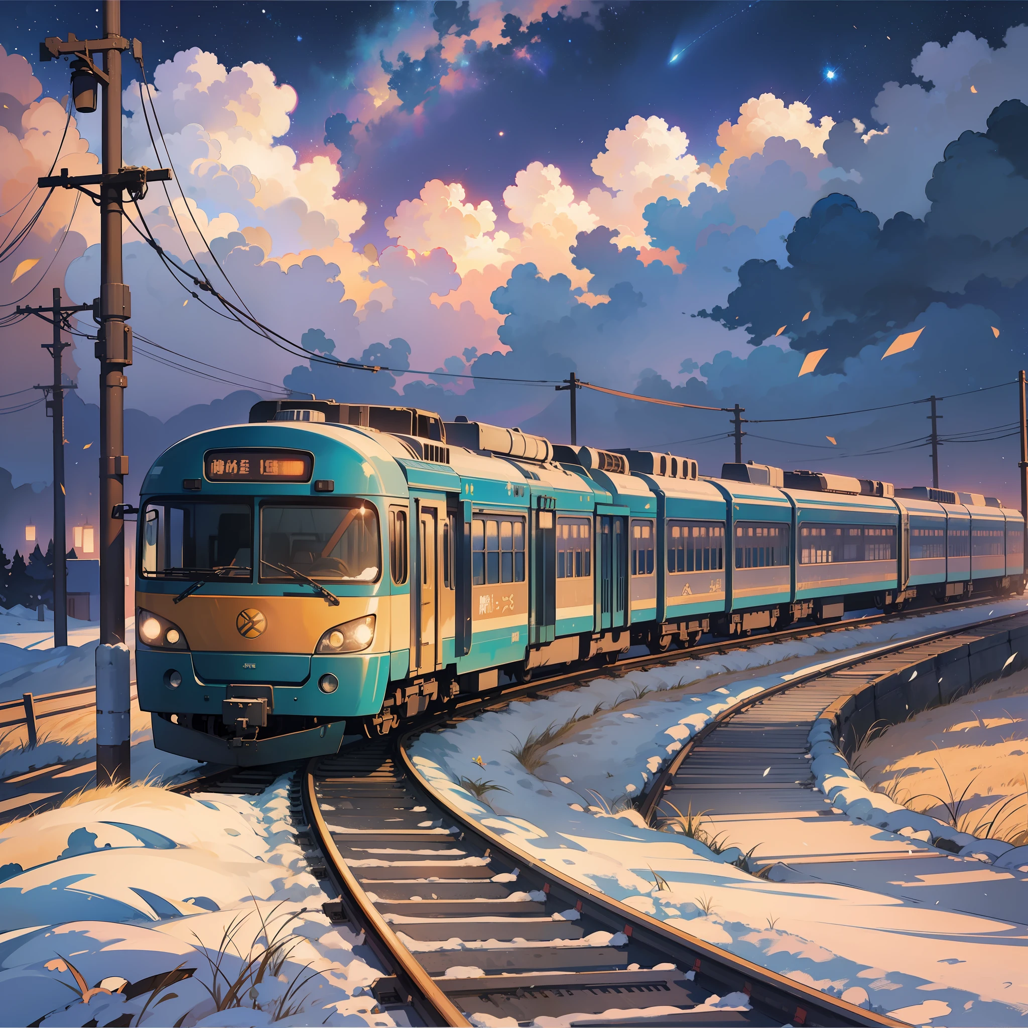 There is a train running along the tracks in the snow, Makoto Shinkai's concept art, tumblr, magic realism, beautiful anime scenes, cosmic sky. by makoto shinkai, ( ( makoto shinkai ) ), anime background art, anime backgrounds, Makoto Shinkai's style, anime movie backgrounds, galaxy express, no humans.