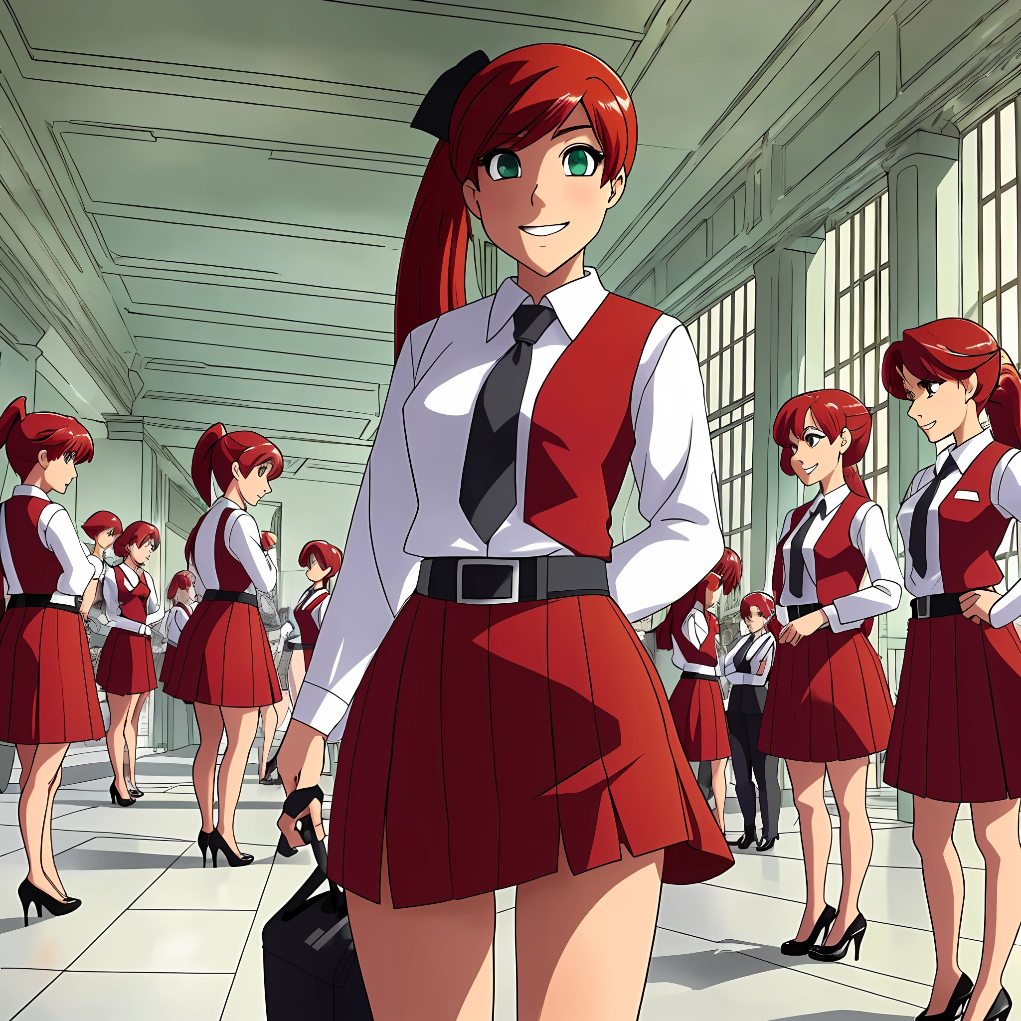 perfect anime illustration, multiple girls, thousands of girls, millions of girls, clones, identical sisters, red hair, ponytail, matching hairstyle, hazel eyes, smiling, white skin, business attire, green skirt suit, pencil skirt, black high heels, matching outfits, uniforms, businesswomen, highres, office, full body, bare legs, neat rows of sisters, neat columns of sisters, sisters standing in formation, sisters in background