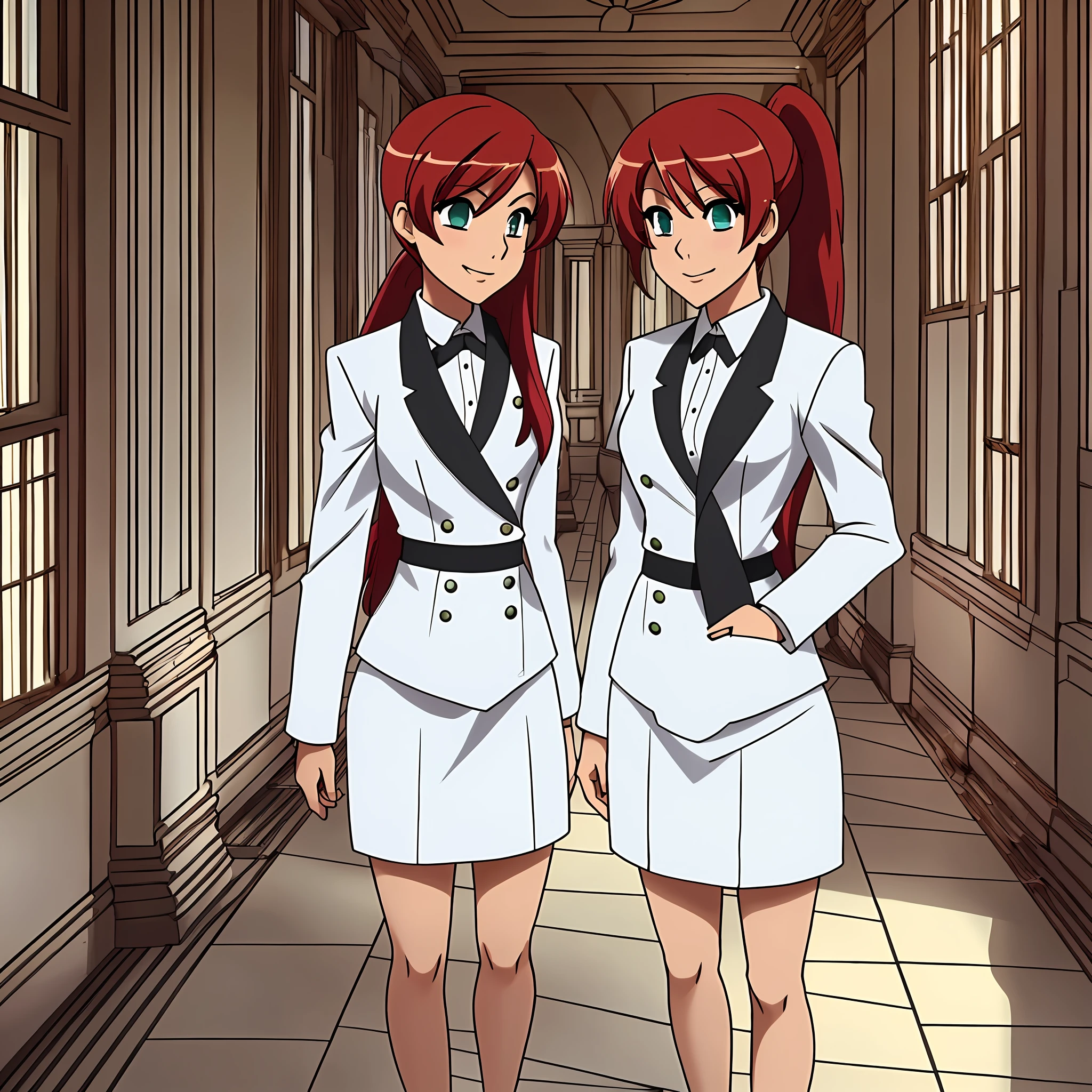 perfect anime illustration, multiple girls, thousands of girls, millions of girls, clones, identical sisters, red hair, ponytail, matching hairstyle, hazel eyes, smiling, white skin, business attire, green skirt suit, pencil skirt, black high heels, matching outfits, uniforms, businesswomen, highres, office, full body, bare legs, neat rows of sisters, neat columns of sisters, sisters standing in formation, sisters in background