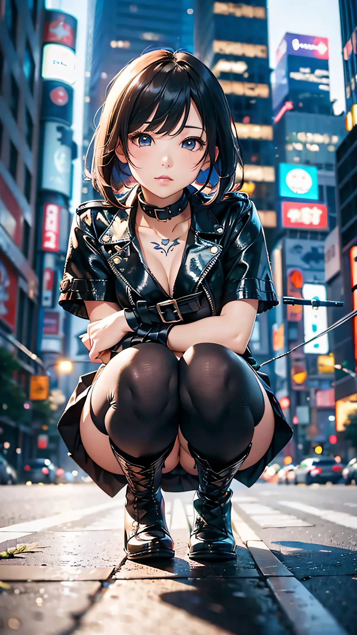 (Best Quality, 8k, 32k, Masterpiece, UHD: 1.2), Cute Japan Woman Photos, Bright Hair, Beautiful Face, (Slouch: 1.3), Squatting, (From Top: 1.2), (Close-Up: 1.4), POV, Loose T-Shirt, Small , (Beautiful Nipple 0.9), Outdoor, Wind, Glossy Skin, Blurry Background, Bondage, Tatt, Background Metropolis, city night view, New York, high school girl, uniform, long boots