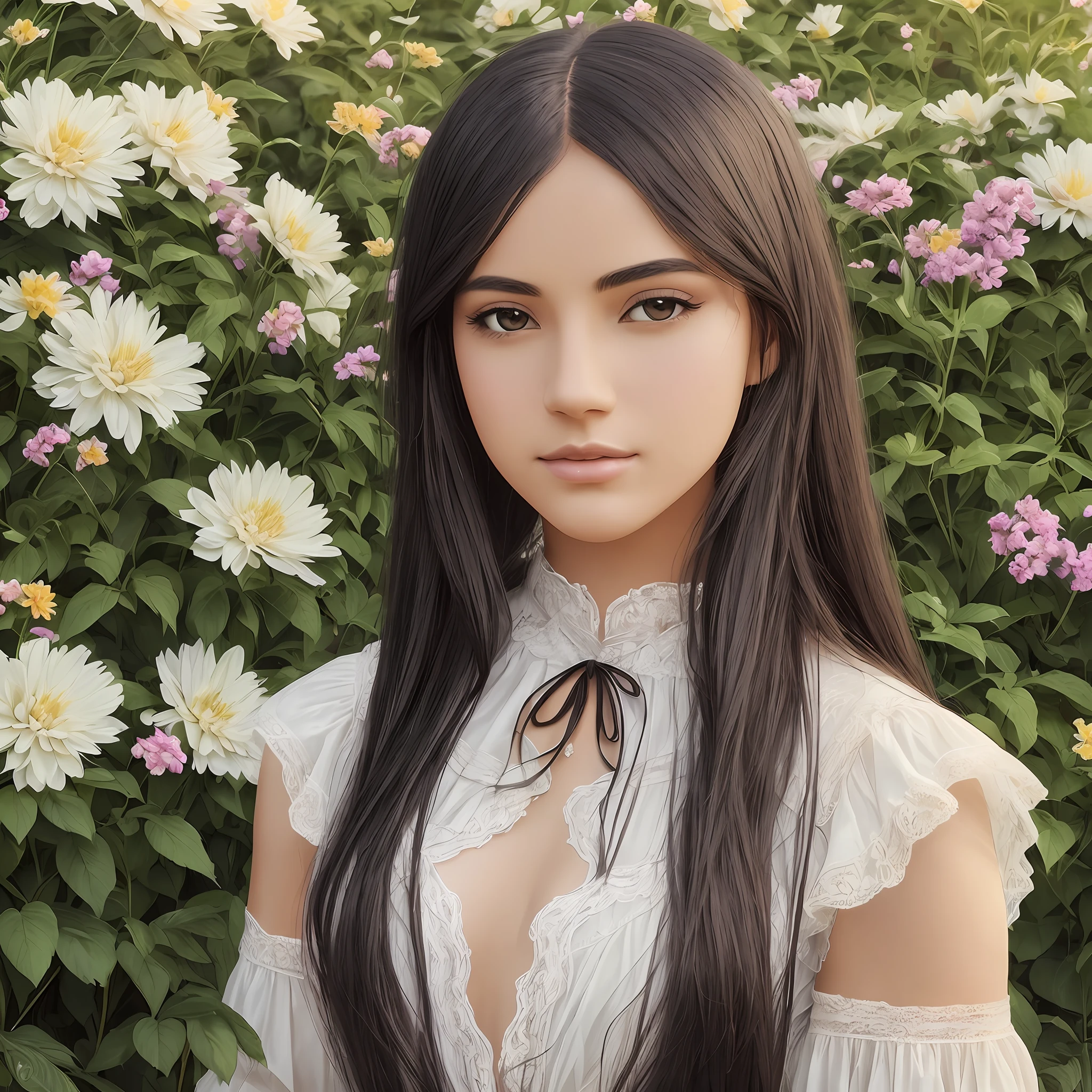 (best quality, masterpiece), english regency era delicate woman, pose, particle, upper body, dark color simple dress, simple garden background, looking at viewer, long black straight hair, bright black eyes, dark skin, first nations facial features, backlit, rimlight, sunny day, beautiful artwork, perfect composition