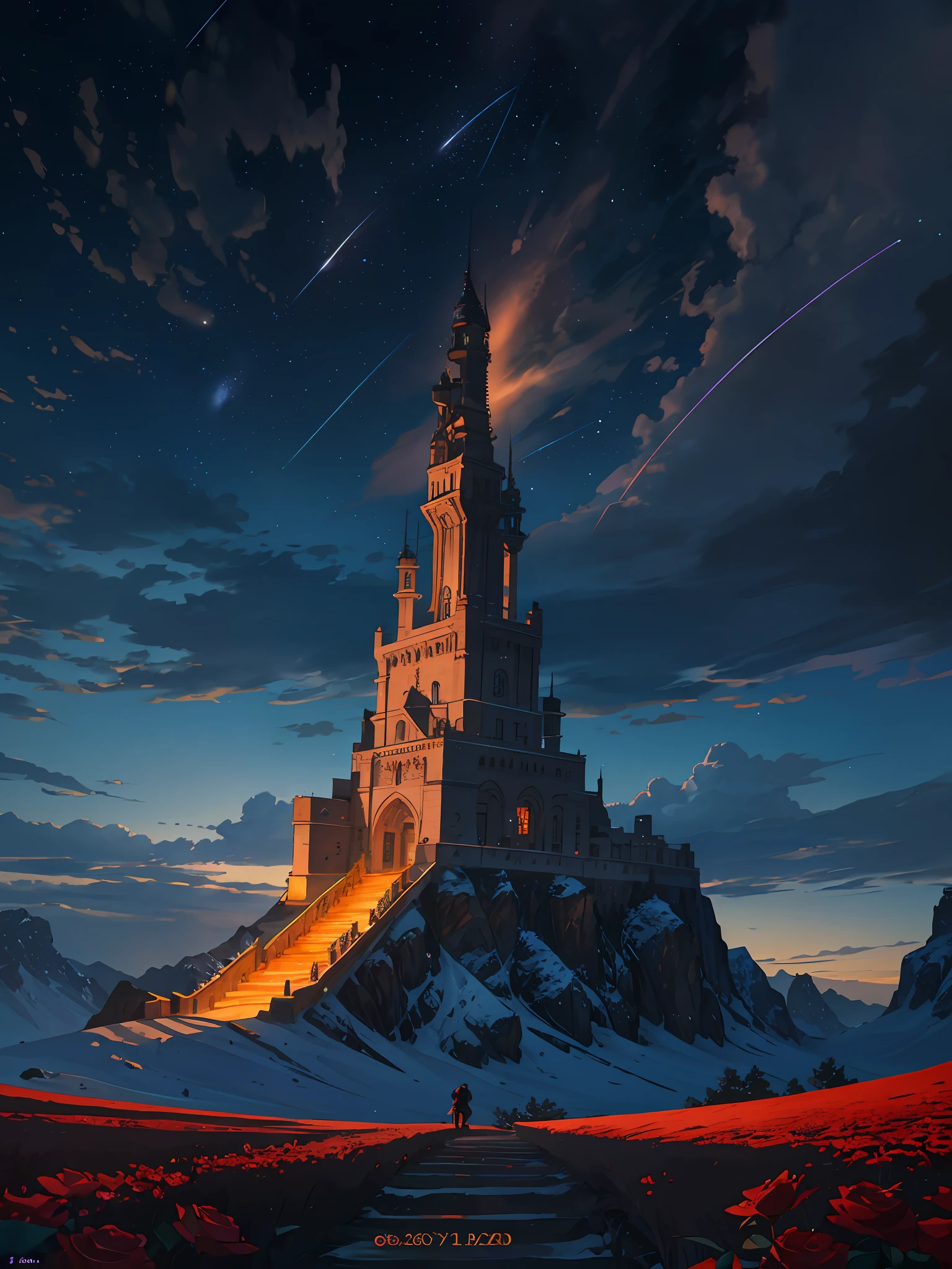 expansive landscape photography, (a view from below showing the sky above and the open field below), a tower of black surrounded by field covered by red roses, (full moon: 1.2), (shooting stars: 0.9), (nebula: 1.3), distant mountain, tree BREAK production art, (hot light source: 1.2), (Firefly: 1.2), lamp, very purple and orange,  complex details, volumetric lighting BREAK (masterpiece: 1.2), (best quality), 4k, ultra-detailed, (dynamic composition: 1.4), highly detailed color details (iridescent colors: 1.2), (bright lighting, atmospheric lighting), dreamy, magical, (solo: 1.2)