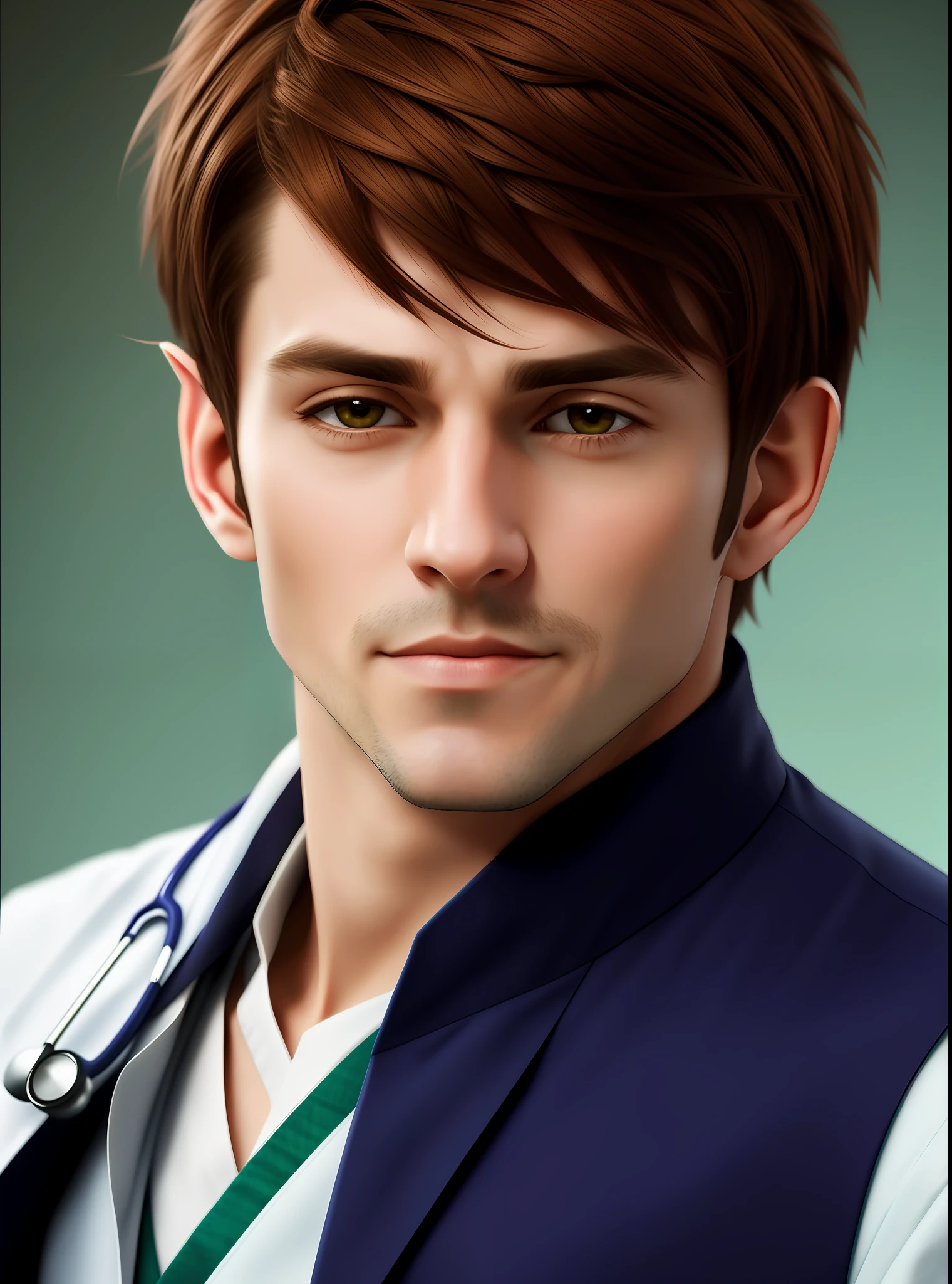 Portrait of a young man, middle-aged, doctor, pointy ears, fantasy, brown hair, portrait, elf ears, pointed ears, ears with a tip