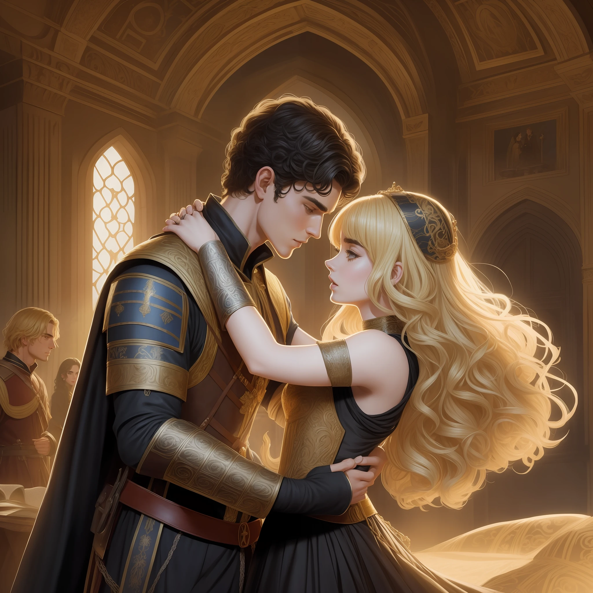 Lily Collins, who has curly black hair, wears a medieval dress. the Neels Visser wears a medieval military outfit and has blonde hair. The couple is waltzing in the ballroom. The illustration is like a book cover with a detailed, bright, illuminated, ultra detailed background, concept art, elegant, art by Greg Rutkowski