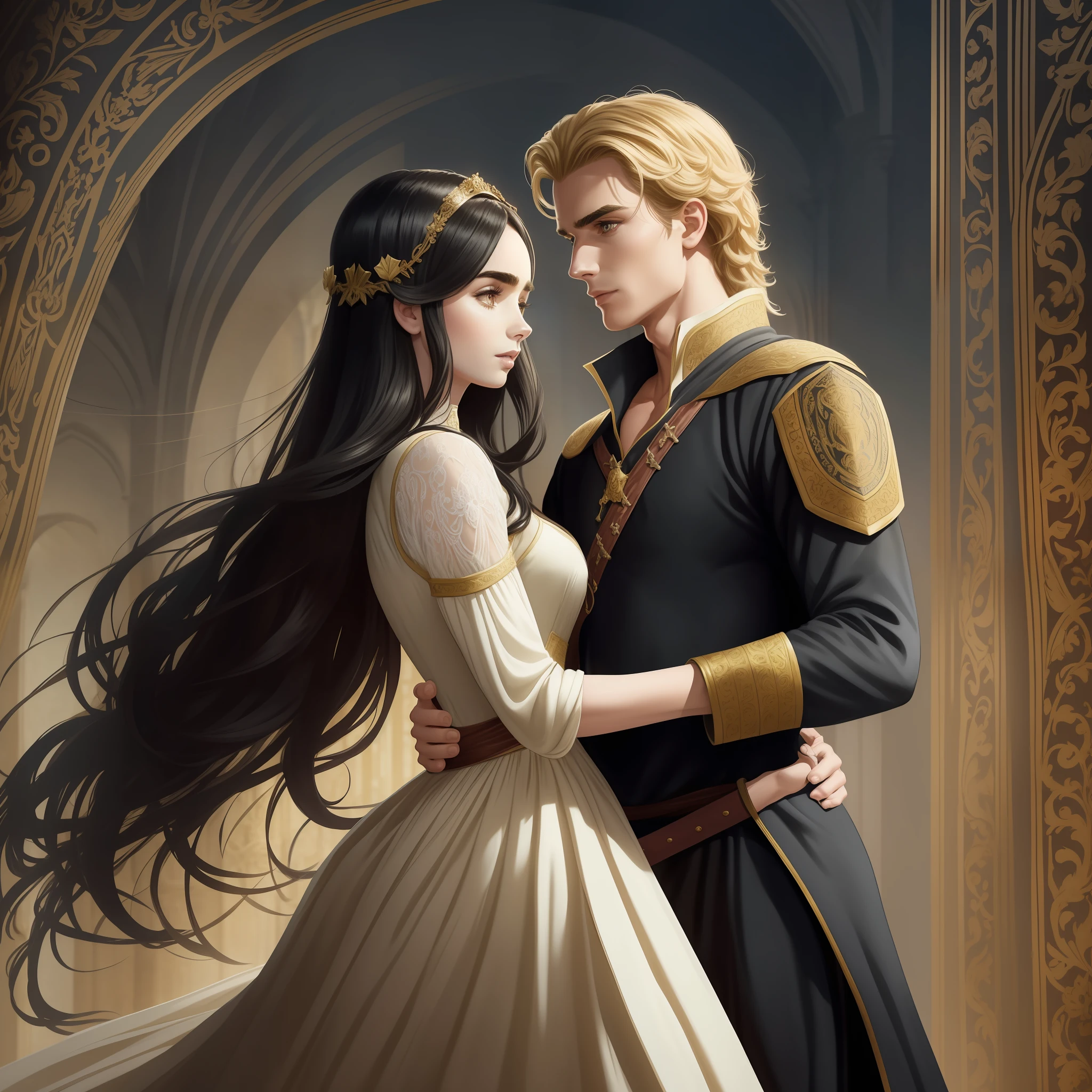 Lily Collins, who has curly black hair, wears a medieval dress. the Neels Visser wears a medieval military outfit and has blonde hair. The couple is waltzing in the ballroom. The illustration is like a book cover with a detailed, bright, illuminated, ultra detailed background, concept art, elegant, art by Greg Rutkowski