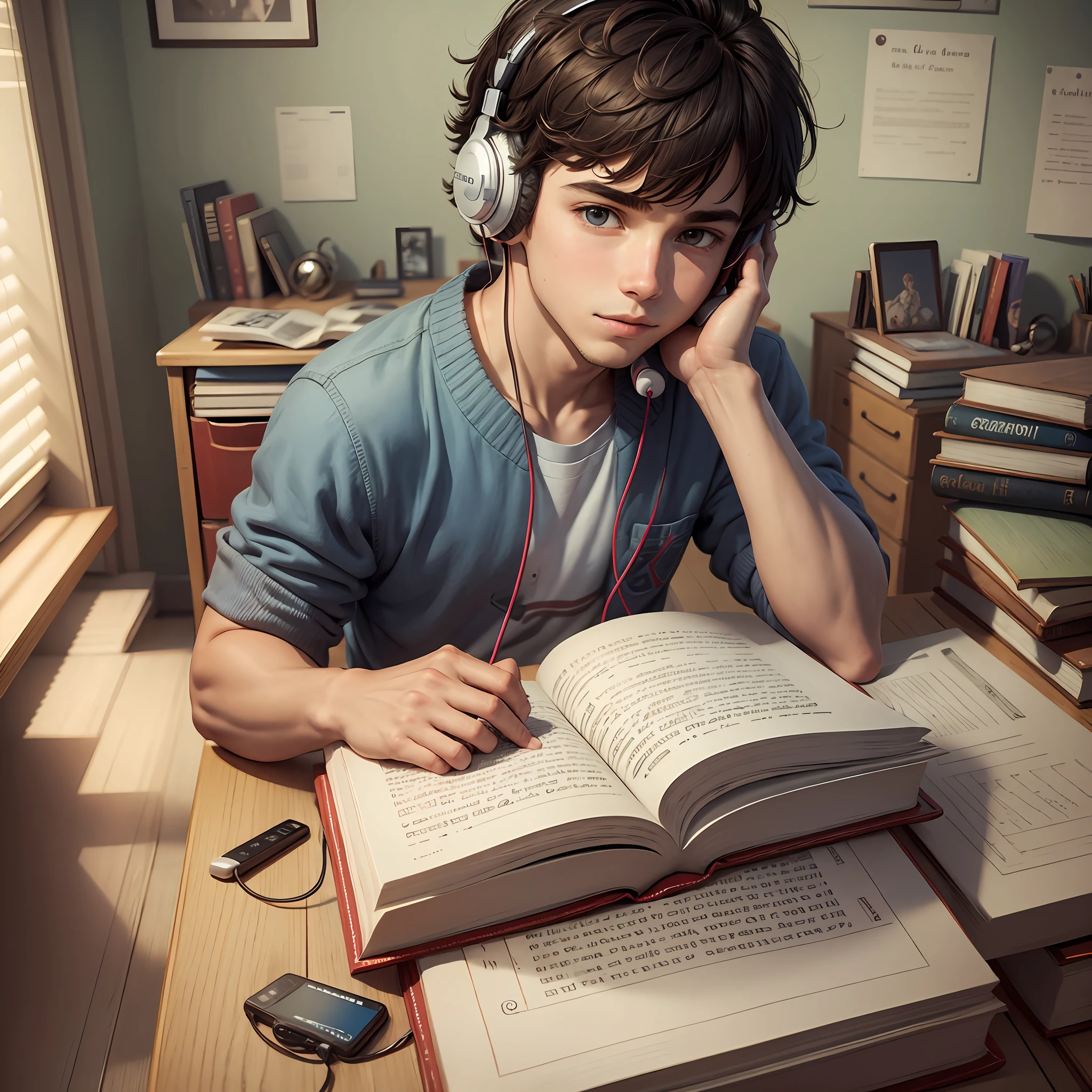 Cute boy studying in his room and with several books wearing headphones --auto --s2