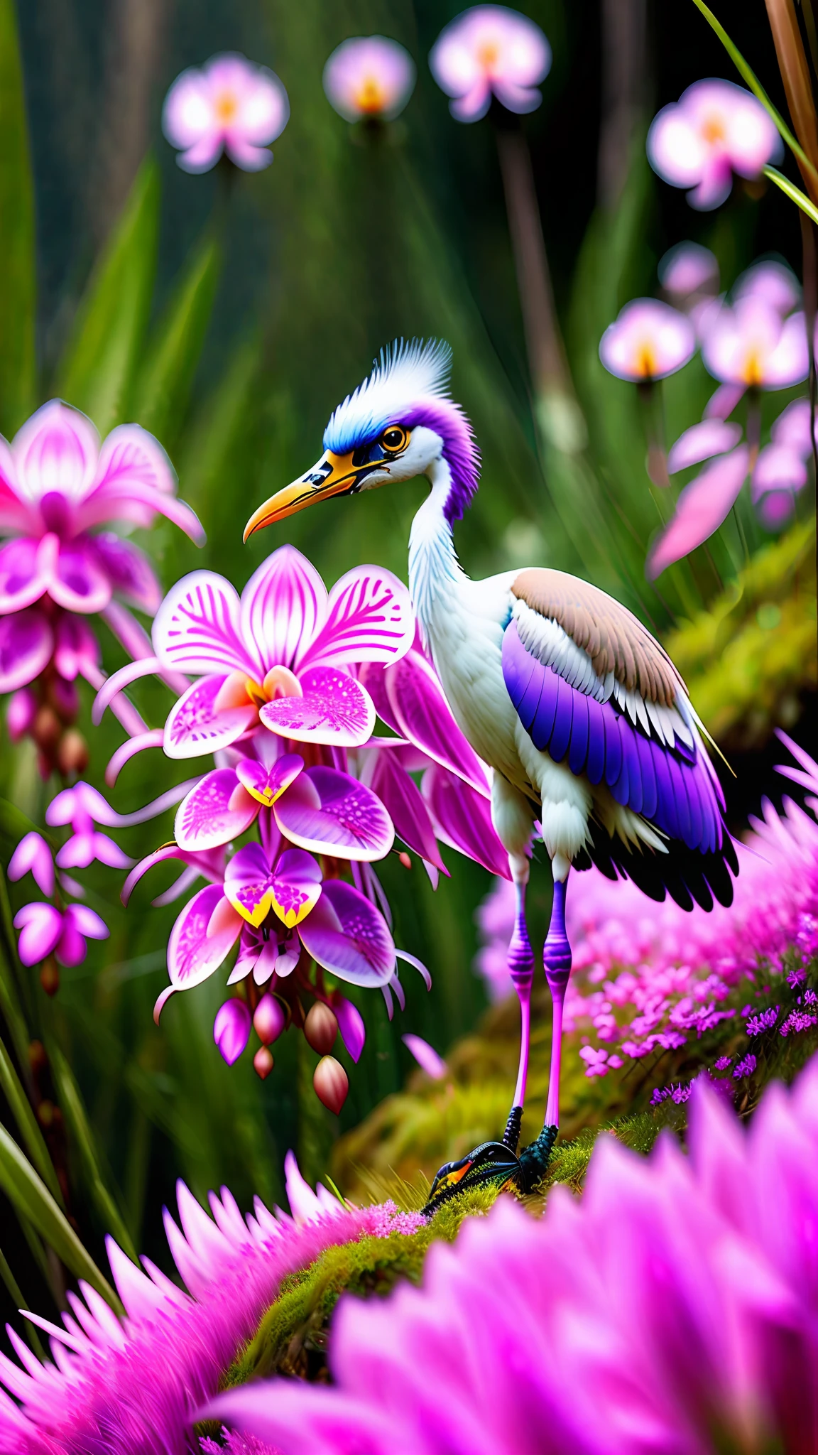 https://s.mj.run/1IRpU8DMogk On a sunny day, the pink purple falcon orchid grows on the steep seam of the mountainside, with flowers reminiscent of flying herons and some moss. The petals are clear and delicate, frogs, with a blurred background, realistic, realistic photos, ultra high definition, 16K high definition, high definition --s 750 --upbeta --q 5 --v 5 --ar 9:16