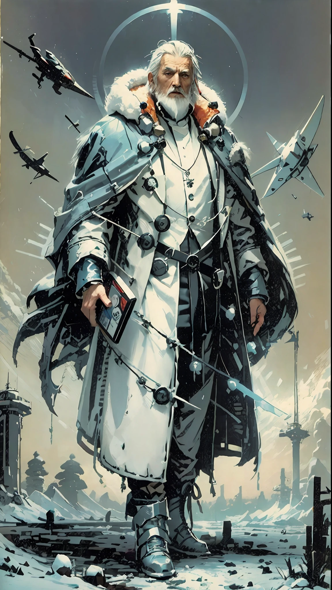 a 70 year old man, full body, cold, layers of clothes, futuristic suit and a white overcoat, librarian, writer, bulky clothes, futuristic clothes, [Liam Neeson] priest, librarian, short hair, big top, pointed white beard, eye tattoo, stylized sun tattoo on right eye, futuristic clothes, layered clothes, cloak, furry robe, cold inspired by Adrienn Henczné Deáki,  pants, cold, fur cloak, inspired by Olivia de Berardinis
