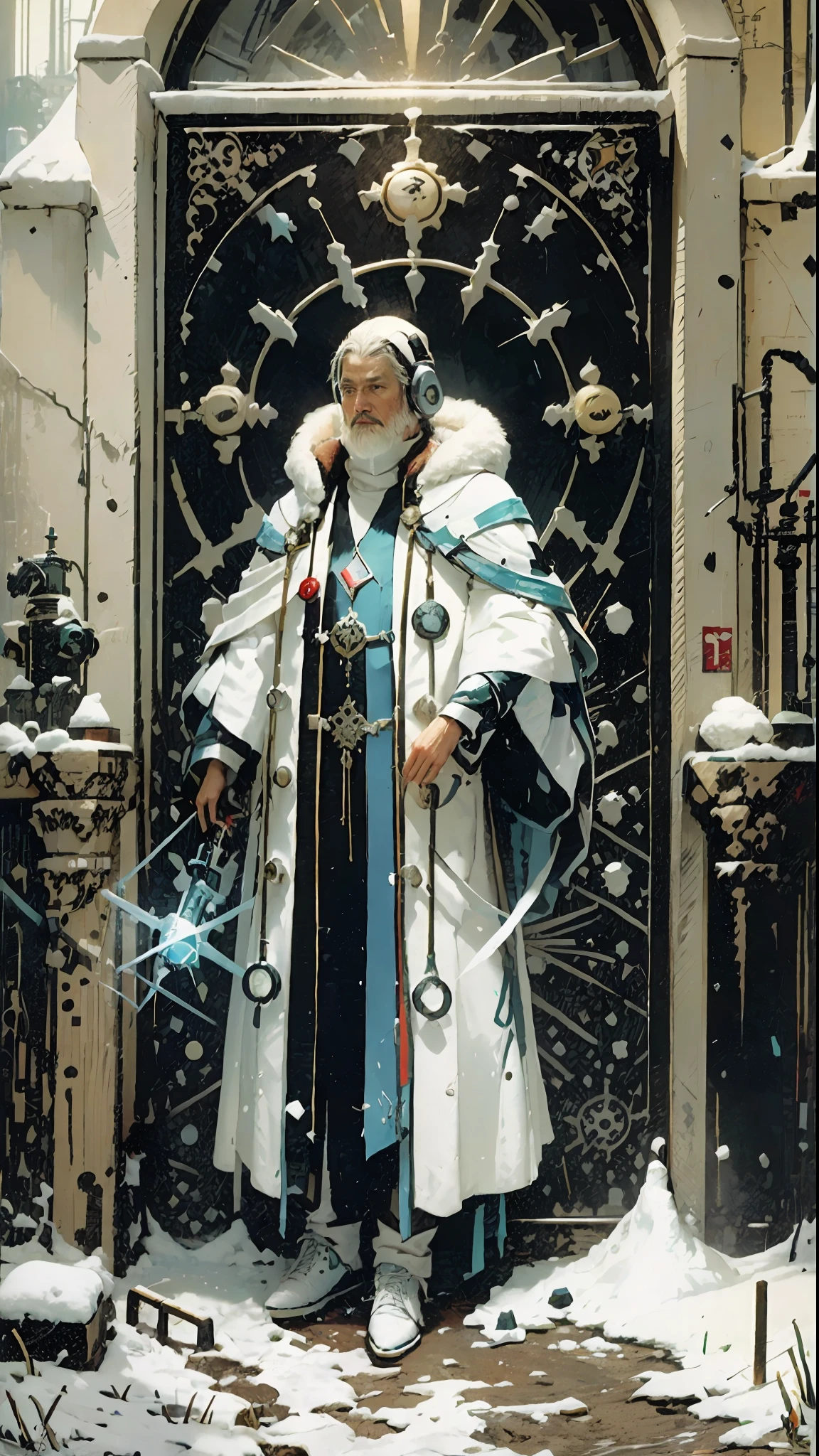 a 70 year old man, full body, cold, layers of clothes, futuristic suit and a white overcoat, librarian, writer, bulky clothes, futuristic clothes, [Liam Neeson] priest, librarian, short hair, big top, pointed white beard, eye tattoo, stylized sun tattoo on right eye, futuristic clothes, layered clothes, cloak, furry robe, cold inspired by Adrienn Henczné Deáki,  pants, cold, fur cloak, inspired by Olivia de Berardinis