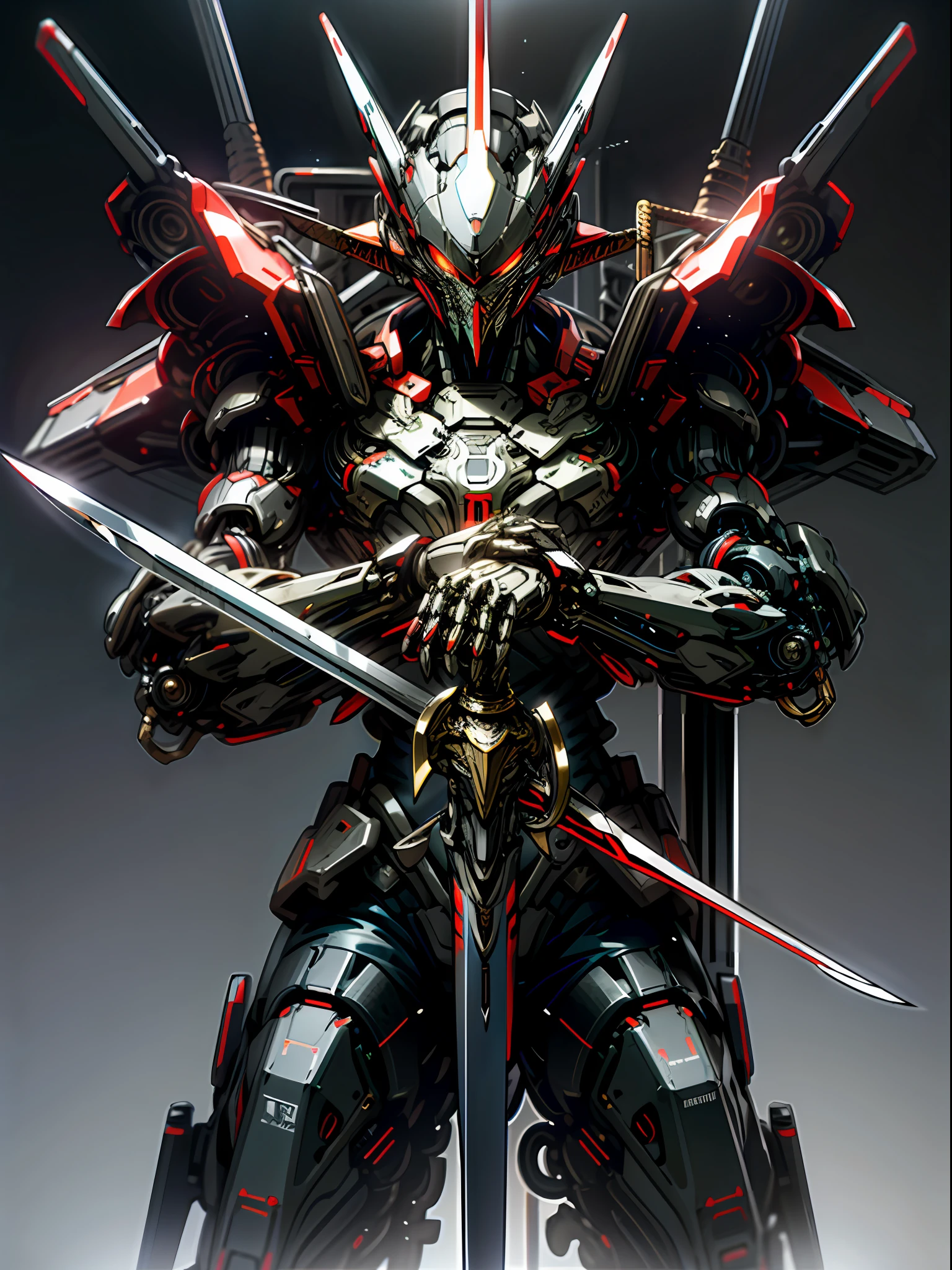 Raw foto,Dark_Fantasy, Cyberpunk, (Big Revolver, Sword Man, Red: 1.1), 1man, Mechanical Wonder, Robotic Presence, Cybernetic Guardian,