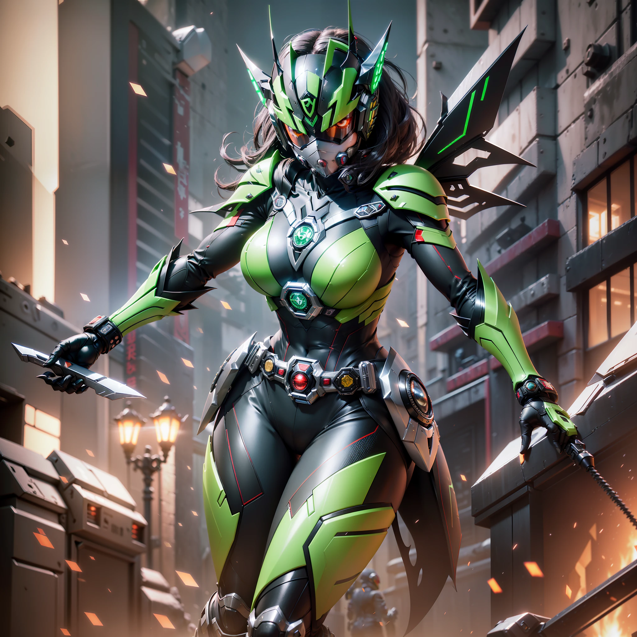 (highest quality)), (masterpiece)), (details: 1.4), 3D, 1girl, full-body image, five-fingered, two-armed, two-legged, no weapon in hand, ((Female Kamen Rider image)), image of a woman in a black flying locust-style cyber battlesuit, (((Add Kamen Rider's stainless steel mechanical belt at the waist)), (( Decoration of two V-shaped tactile blade antennas on the forehead of the helmet)), ((Image of a female Kamen Rider)), (full-face helmet inspired by flying locusts covering the head),(( Guard armor at the mouth of mechanical split details in stainless steel material)), (Deep green stalwart mechanical bust armor),(Red Cyborg Eyes lit red), HDR (High Dynamic Range), Ray Tracing, NVIDIA RTX, Super Resolution, Unreal 5, Subsurface Scattering, PBR texturing, post-processing, Anisotropic filtering, depth of field, maximum clarity and sharpness, multi-layered textures, albedo and specular maps, surface shading, accurate simulation of light-material interactions, slender body, perfect proportions, sharp eyeliner, (full body)), sharp focus, two-tone lighting, wide aperture, low ISO, White Balance, Third Rule, 8K RAW, Circuit Board AI, 4k, Fog, Night City Background, ((Don't Hold Weapons))