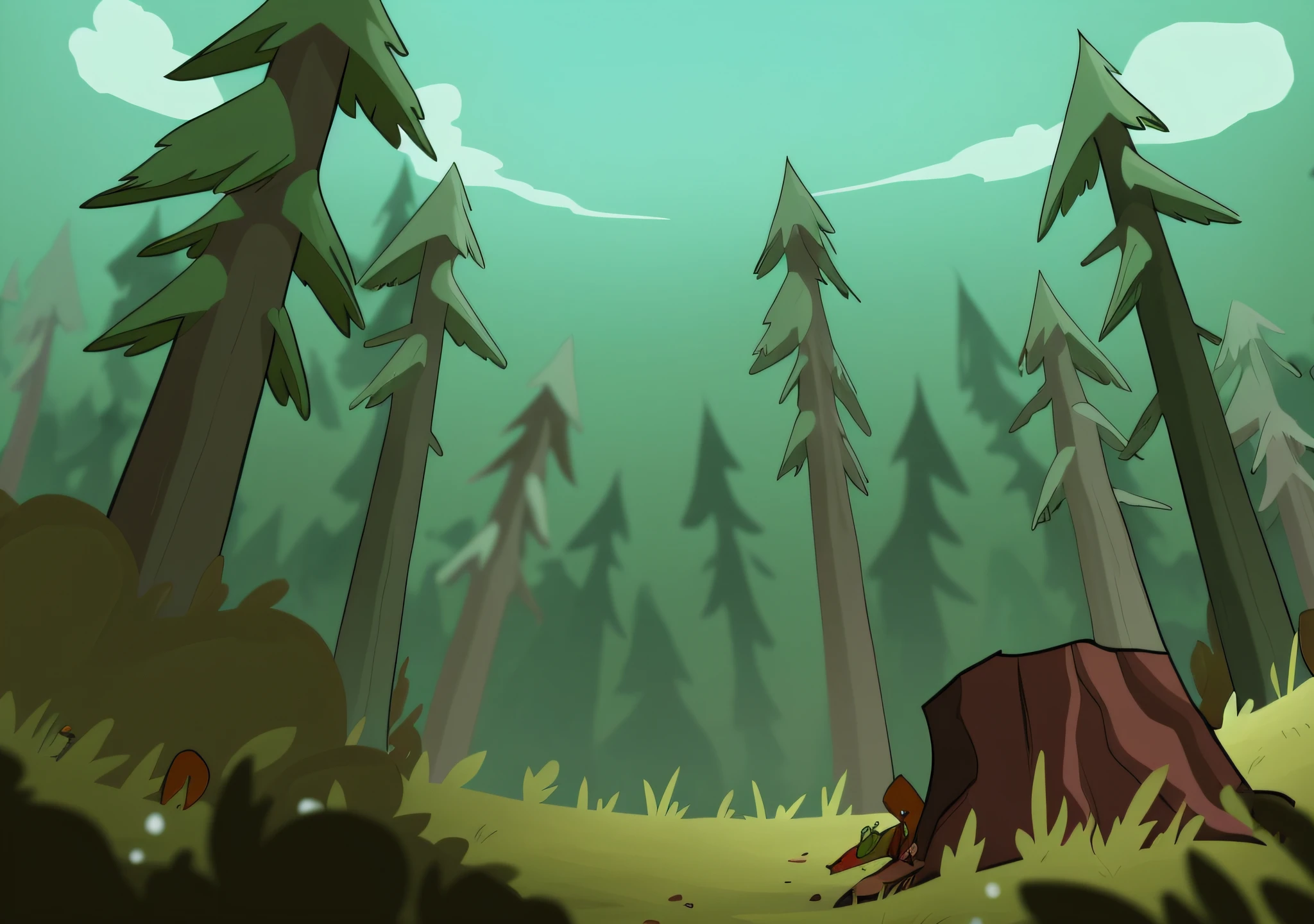 cartoon scene of a forest with a tree stump and a forest full of trees, forestpunk background, background art, forest in the background, forrest background, background artwork, 2 d game art background, forest in background, forest background, forest backdrop, 2d game background, woods background, dead forest background, heavy forest outside, woodland backround, random forest landscape