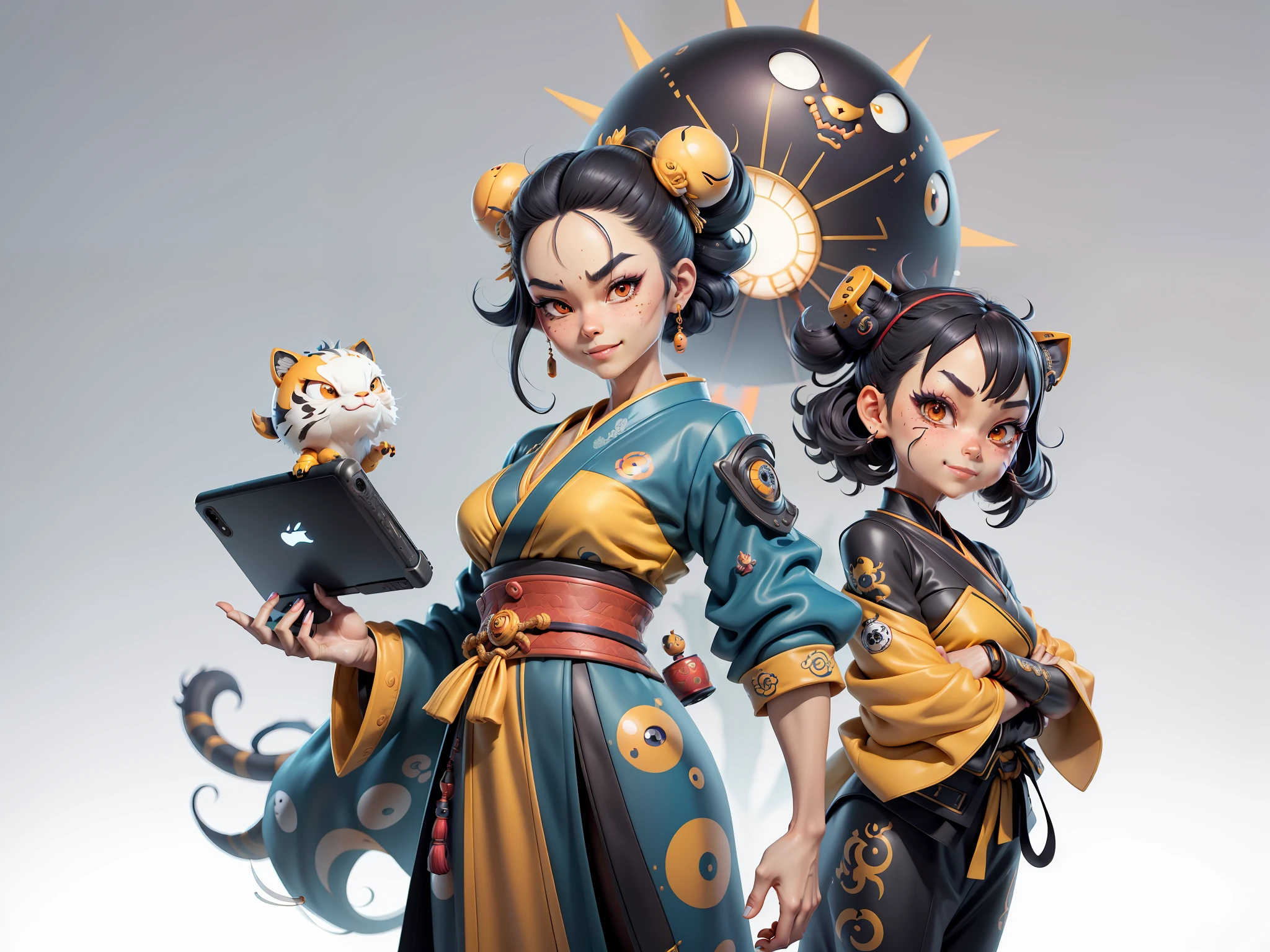 (Masterpiece), (Extreme Quality), (Super Meticulous), (Full Body: 1.2), Super Young Woman, Japanese Female Geisha, Beauty, Chinese Dragon, Tiger, Fengshen Thor, Sexy, Bursting, Oriental Face, TV Anchor, Bust Portrait Illustration, Alone, Black Suit, Blue Tie, Slightly Chubby, Very Clean Face, No Beard, Black Super Short Hair, Black Eyes, Confident Smile, 3c Computer Sub-Products, iPad, iPhone, Digital Painting, 3D character design by Mark Clairedon and Pixar and Hayao Miyazaki and Akira Toriyama, the illustrations are HD illustrations in 4K resolution with highly detailed facial features and cartoon-style visuals.