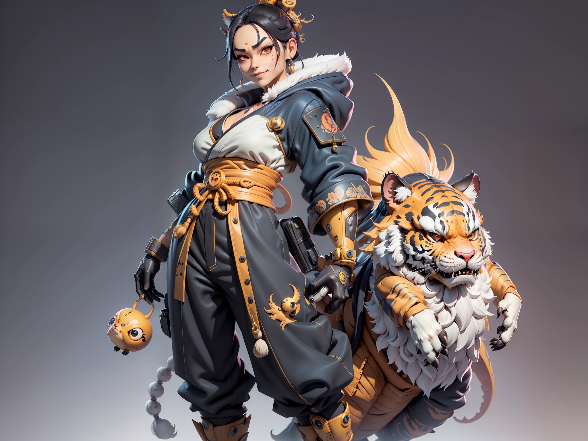 (Masterpiece), (Extreme Quality), (Super Meticulous), (Full Body: 1.2), Super Young Woman, Japanese Female Geisha, Beauty, Chinese Dragon, Tiger, Fengshen Thor, Sexy, Bursting, Oriental Face, TV Anchor, Bust Portrait Illustration, Alone, Black Suit, Blue Tie, Slightly Chubby, Very Clean Face, No Beard, Black Super Short Hair, Black Eyes, Confident Smile, 3c Computer Sub-Products, iPad, iPhone, Digital Painting, 3D character design by Mark Clairedon and Pixar and Hayao Miyazaki and Akira Toriyama, the illustrations are HD illustrations in 4K resolution with highly detailed facial features and cartoon-style visuals.