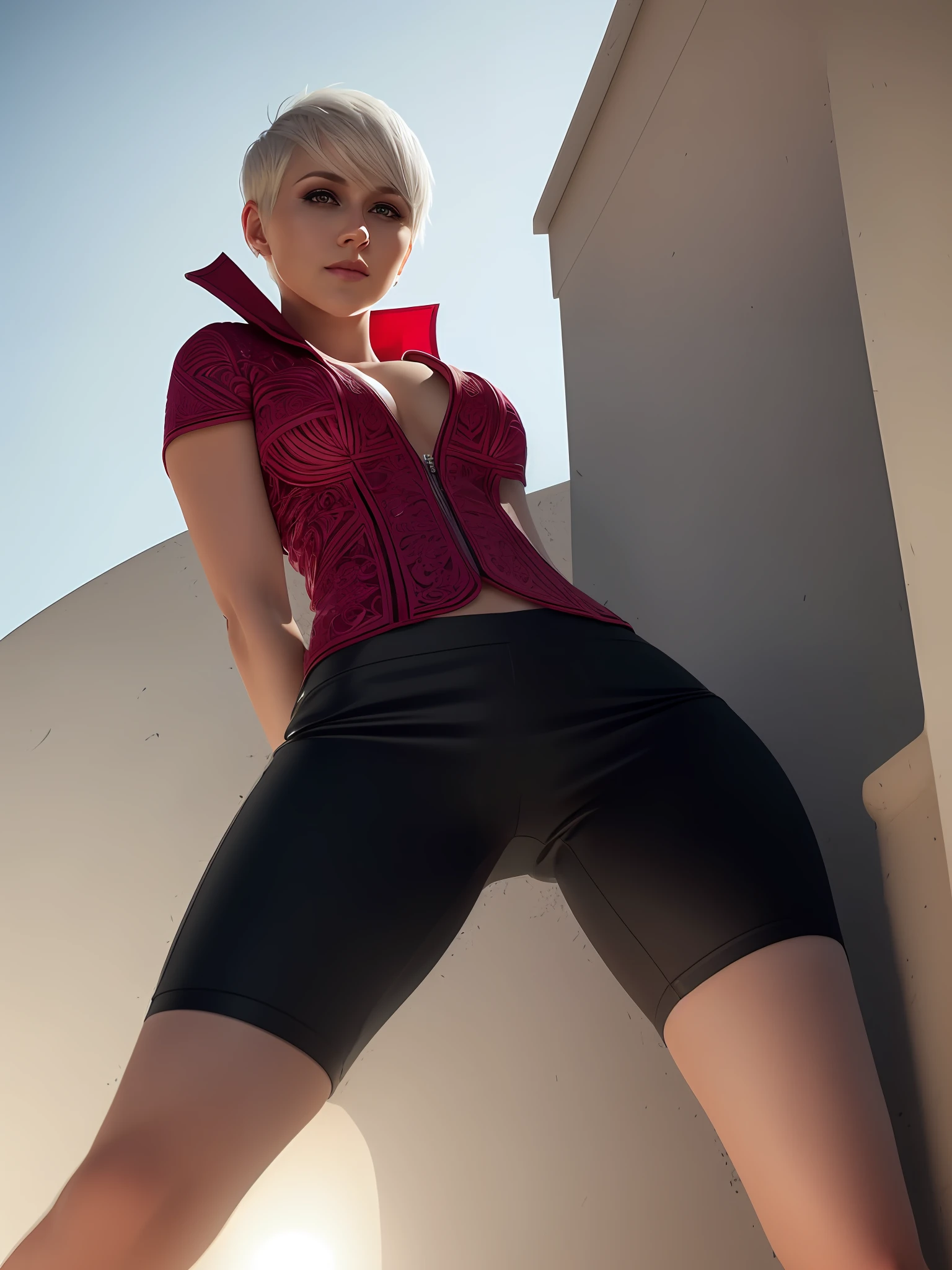 beautiful white swedish blonde woman, 25 years old, platinum hair, short hair, (((pixie cut))), devil smile, azure eyes, big ass, sexy abs, (masterpiece:1.2) (photorealistic:1.2) (bokeh) (best quality) (intricate details) (8k) (high poly) (ray tracing) (cinematic lighting) (sharp focus) (detailed face) (detailed pupils)
